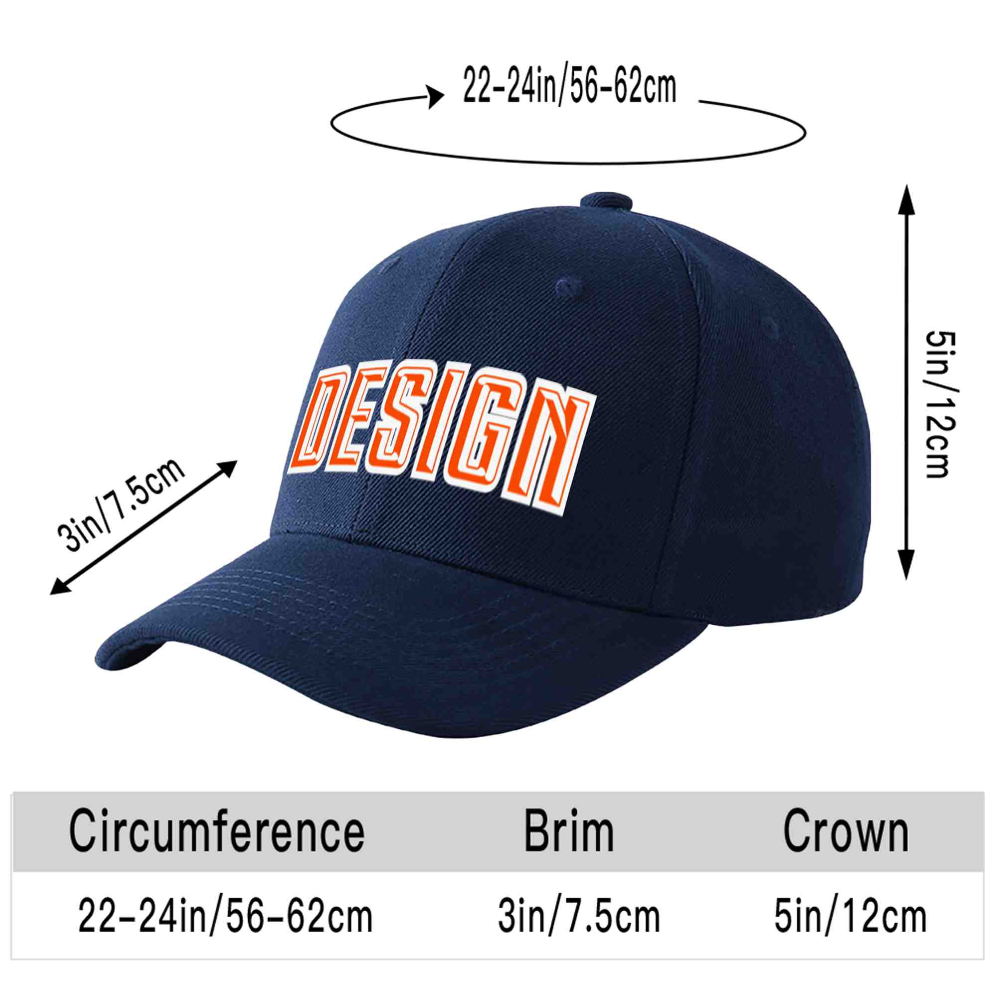 Casquette de baseball personnalisée bleu marine orange-blanc incurvée Eaves Sport Design