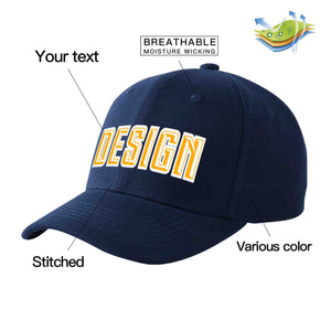 Custom Navy Yellow-White Curved Eaves Sport Design Baseball Cap