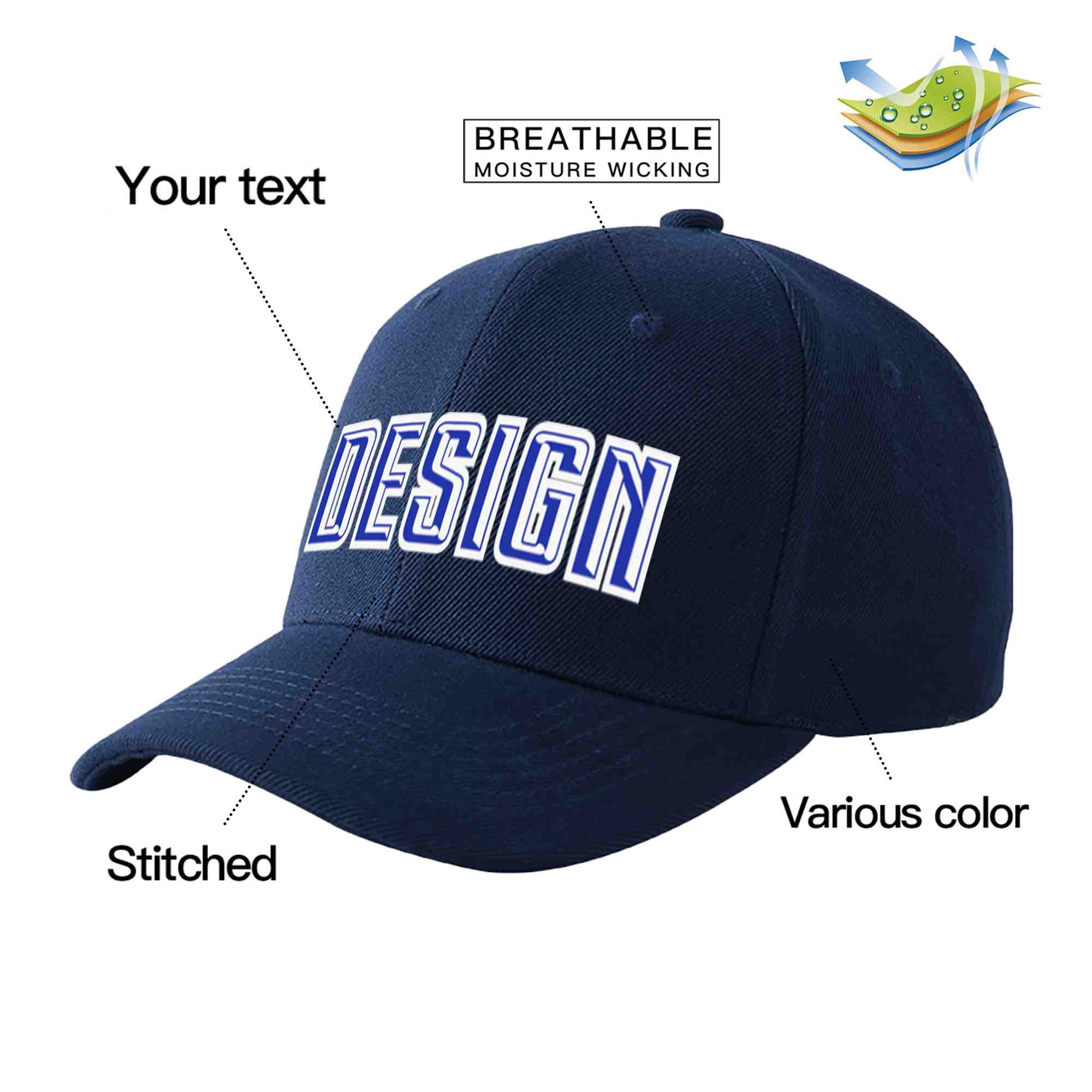 Casquette de baseball personnalisée bleu marine Royal-White Curved Eaves Sport Design