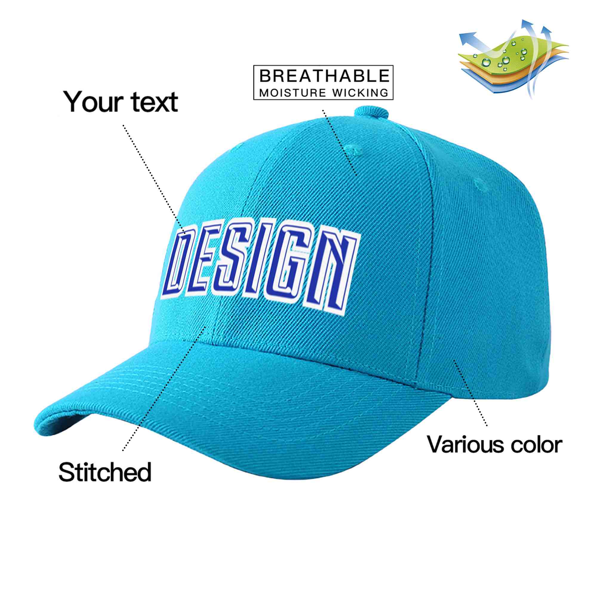 Custom Aqua Royal-White Curved Eaves Sport Design Baseball Cap