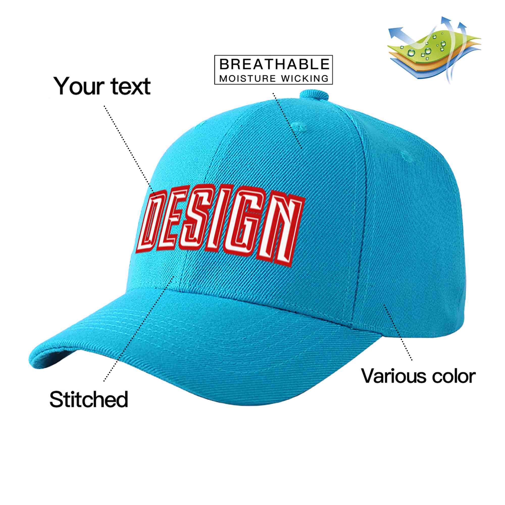 Casquette de baseball personnalisée Aqua blanc-rouge incurvée Eaves Sport Design