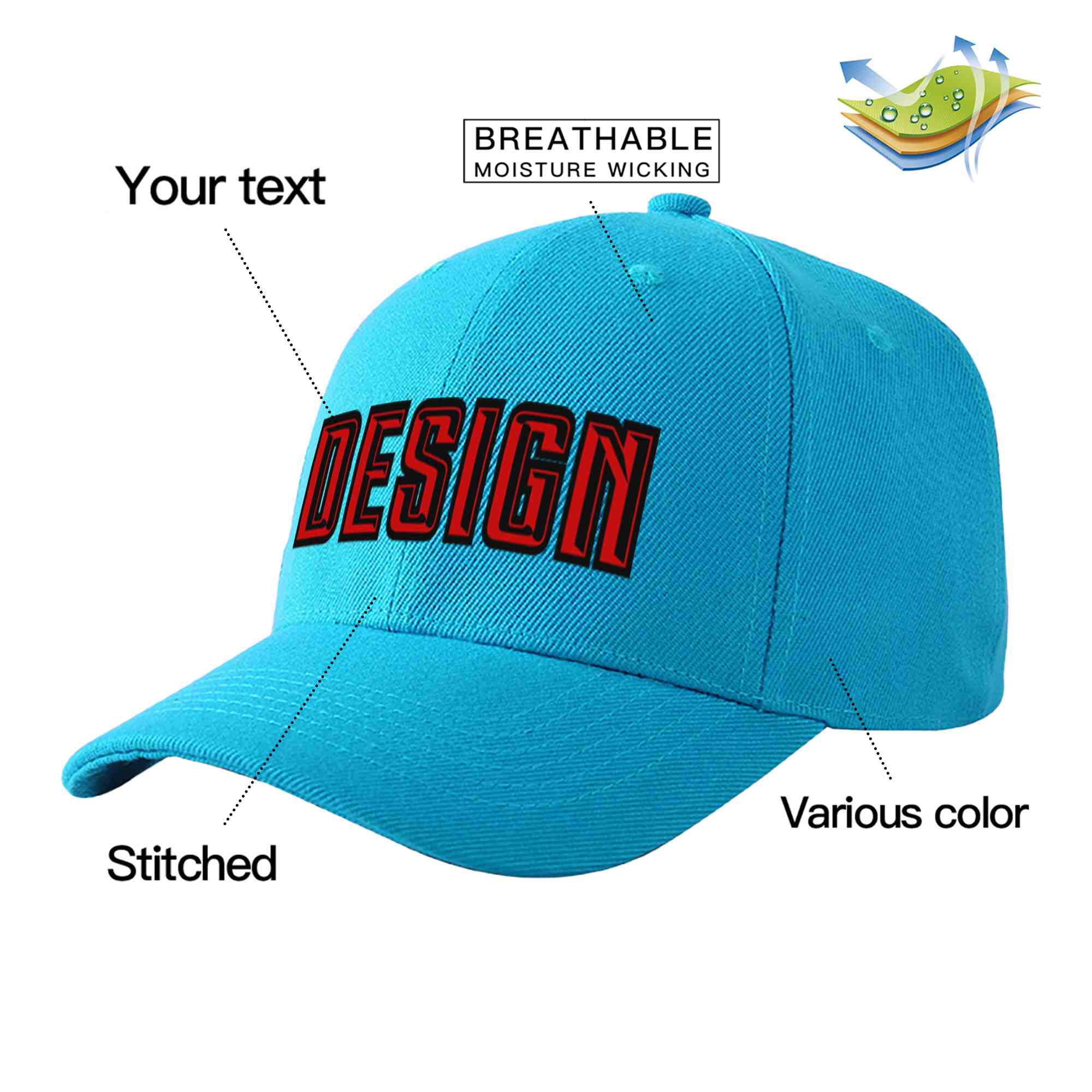 Casquette de baseball personnalisée Aqua Red-Black Curved Eaves Sport Design