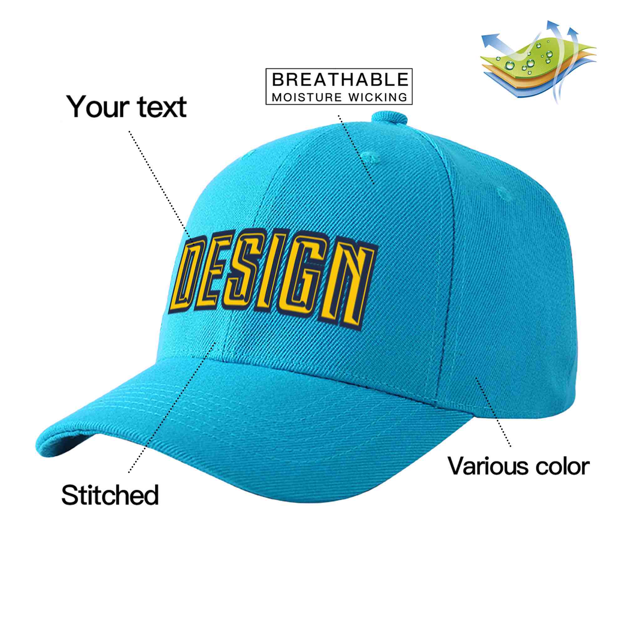 Custom Aqua Gold-Navy Curved Eaves Sport Design Baseball Cap