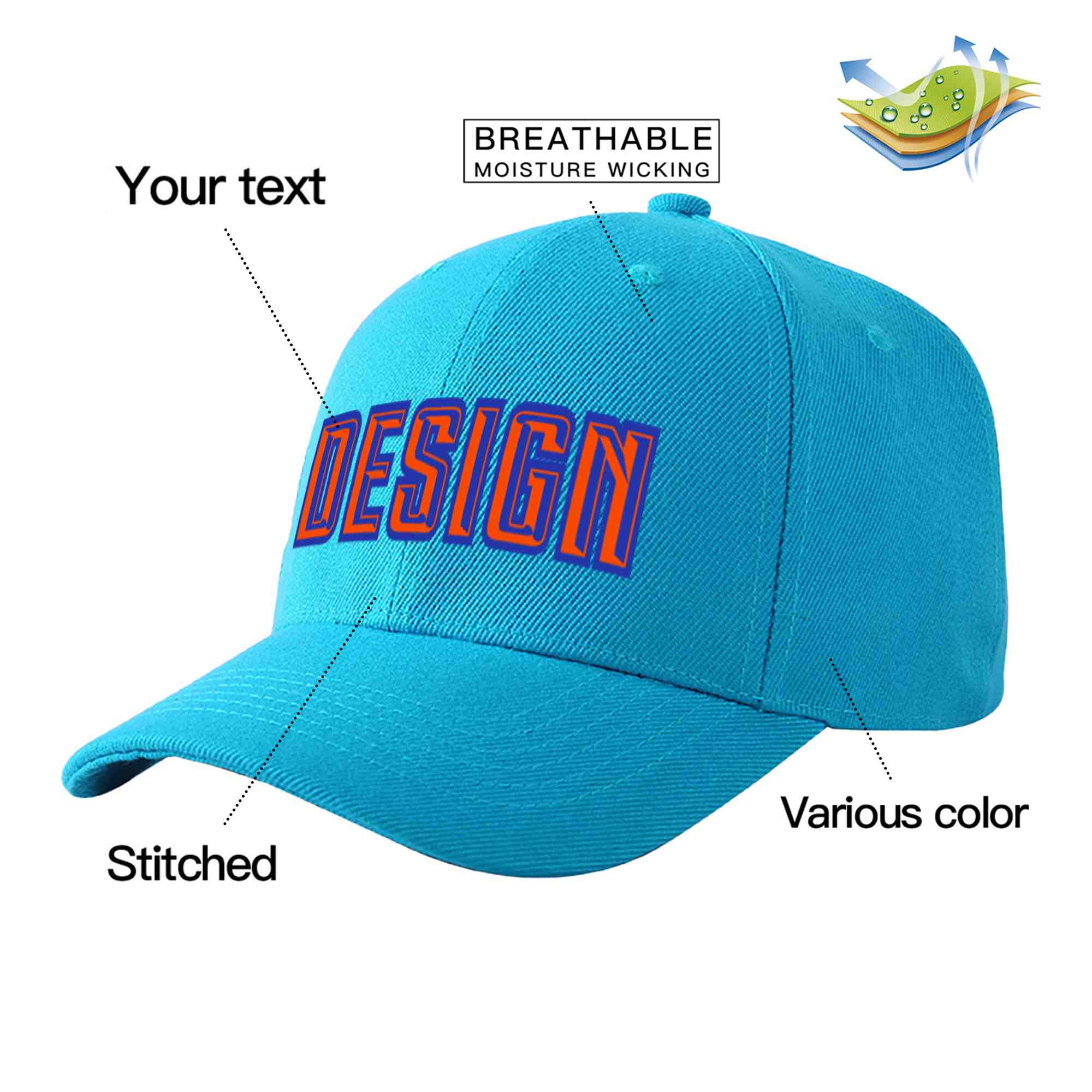 Casquette de baseball personnalisée Aqua Orange-Royal Curved Eaves Sport Design