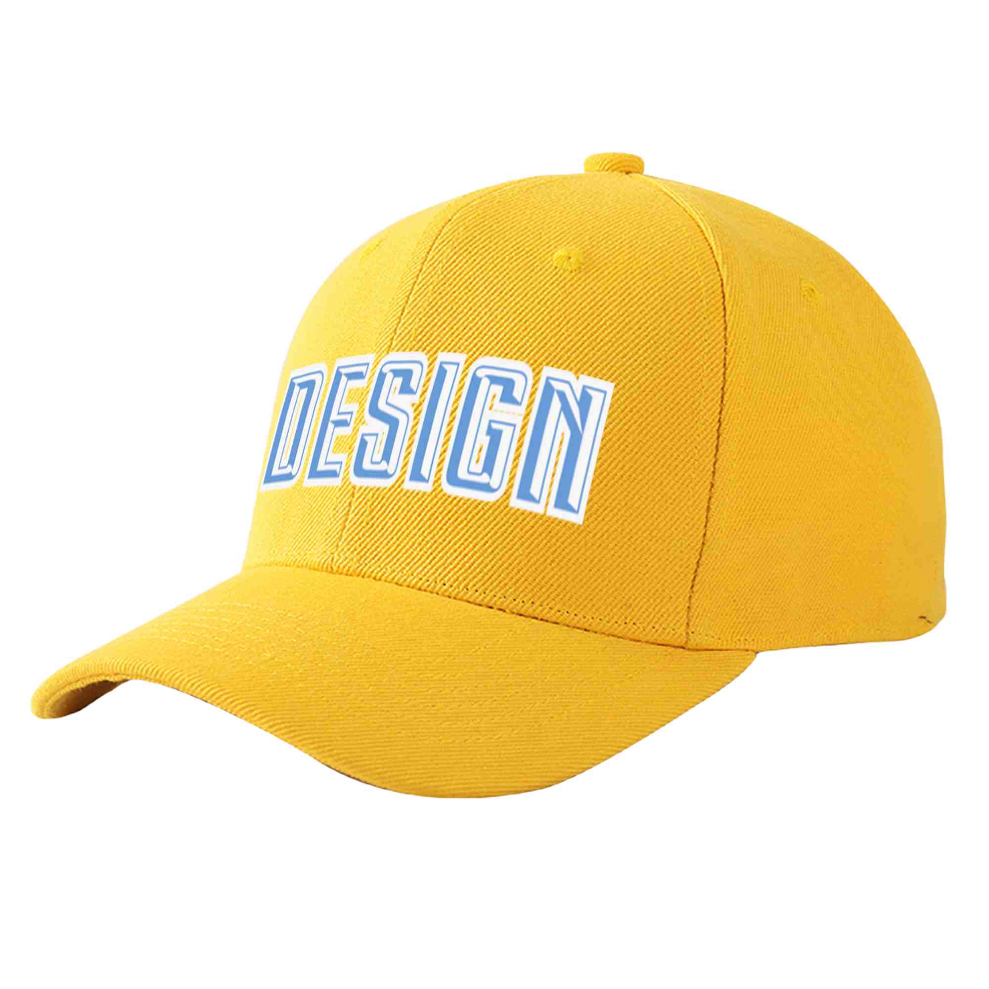 Custom Gold Light Blue-White Curved Eaves Sport Design Baseball Cap