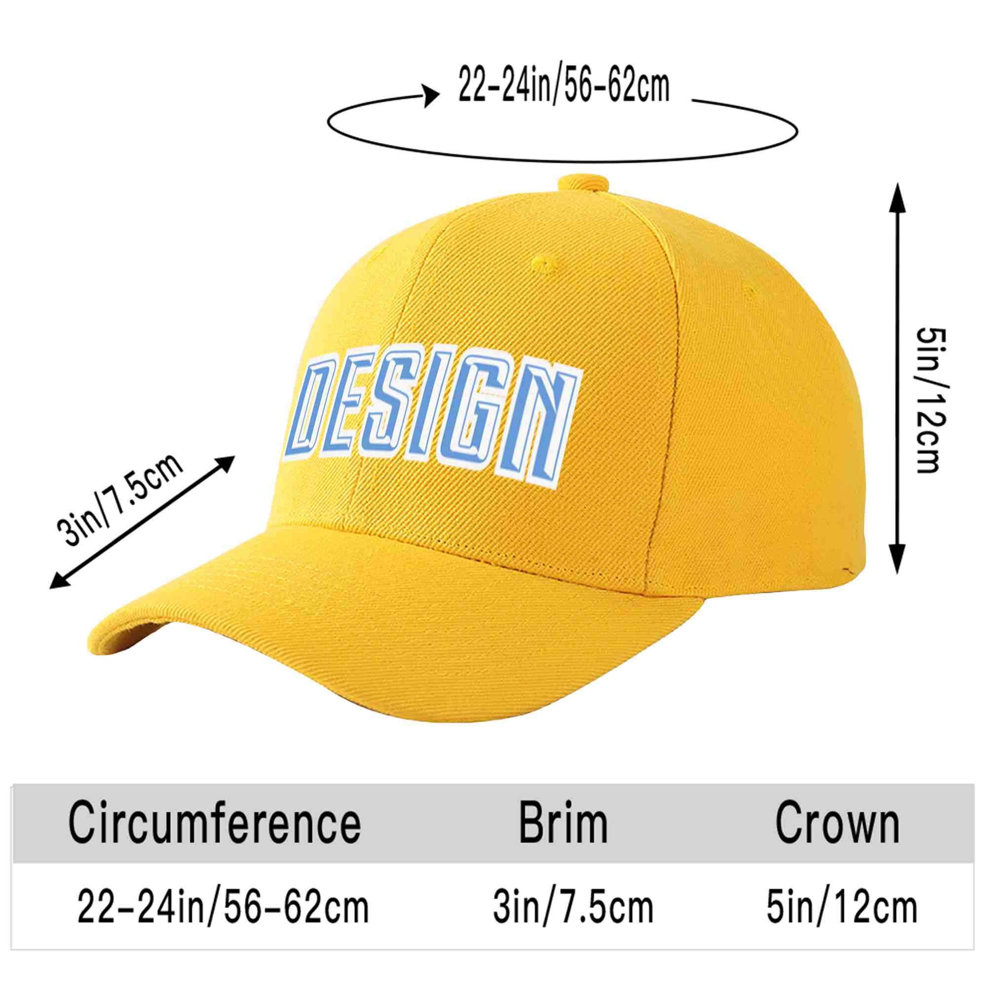 Custom Gold Light Blue-White Curved Eaves Sport Design Baseball Cap