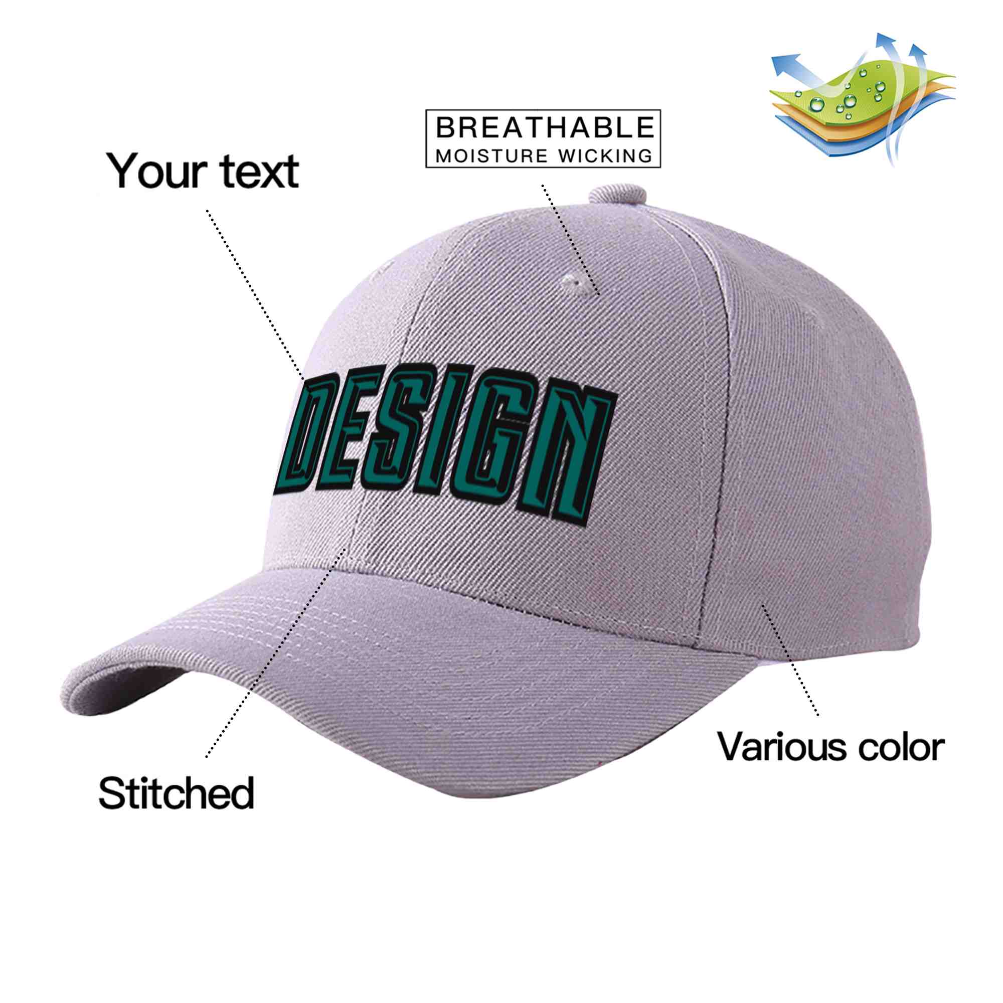 Custom Gray Aqua-Black Curved Eaves Sport Design Baseball Cap