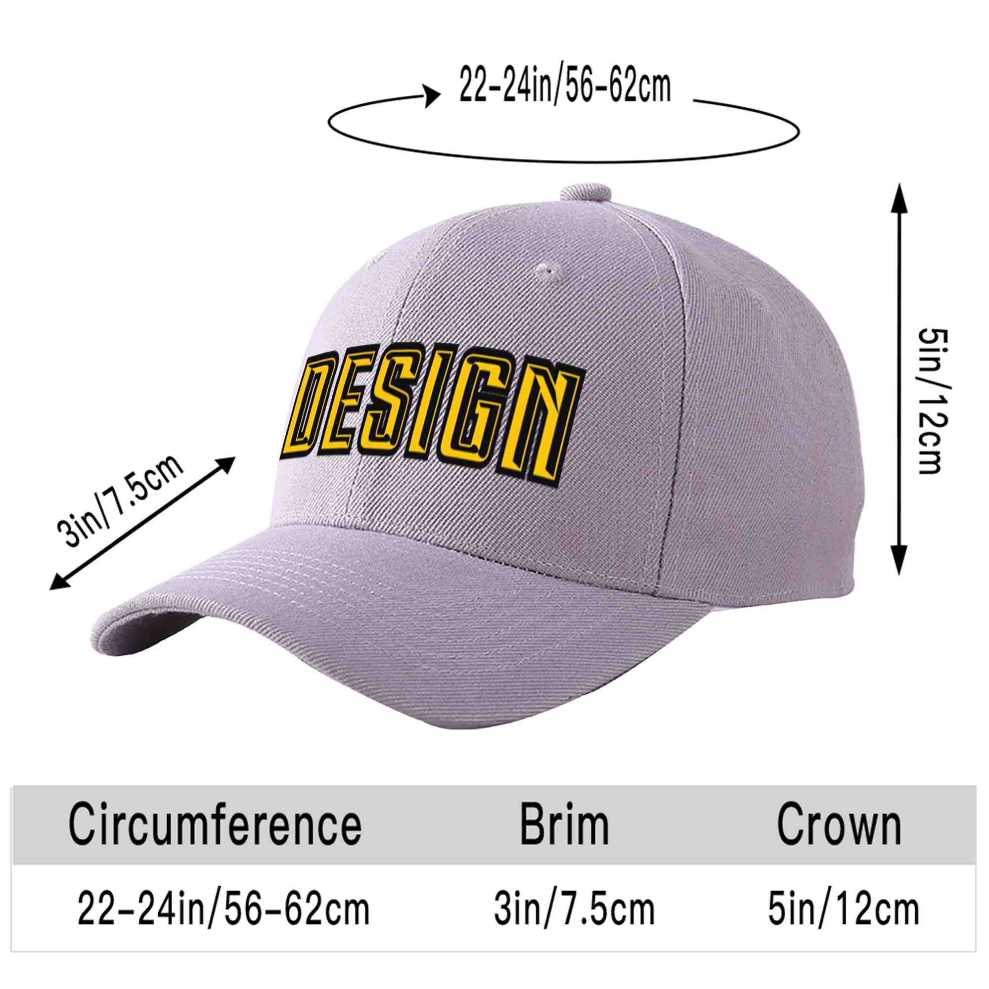 Custom Gray Gold-Black Curved Eaves Sport Design Baseball Cap