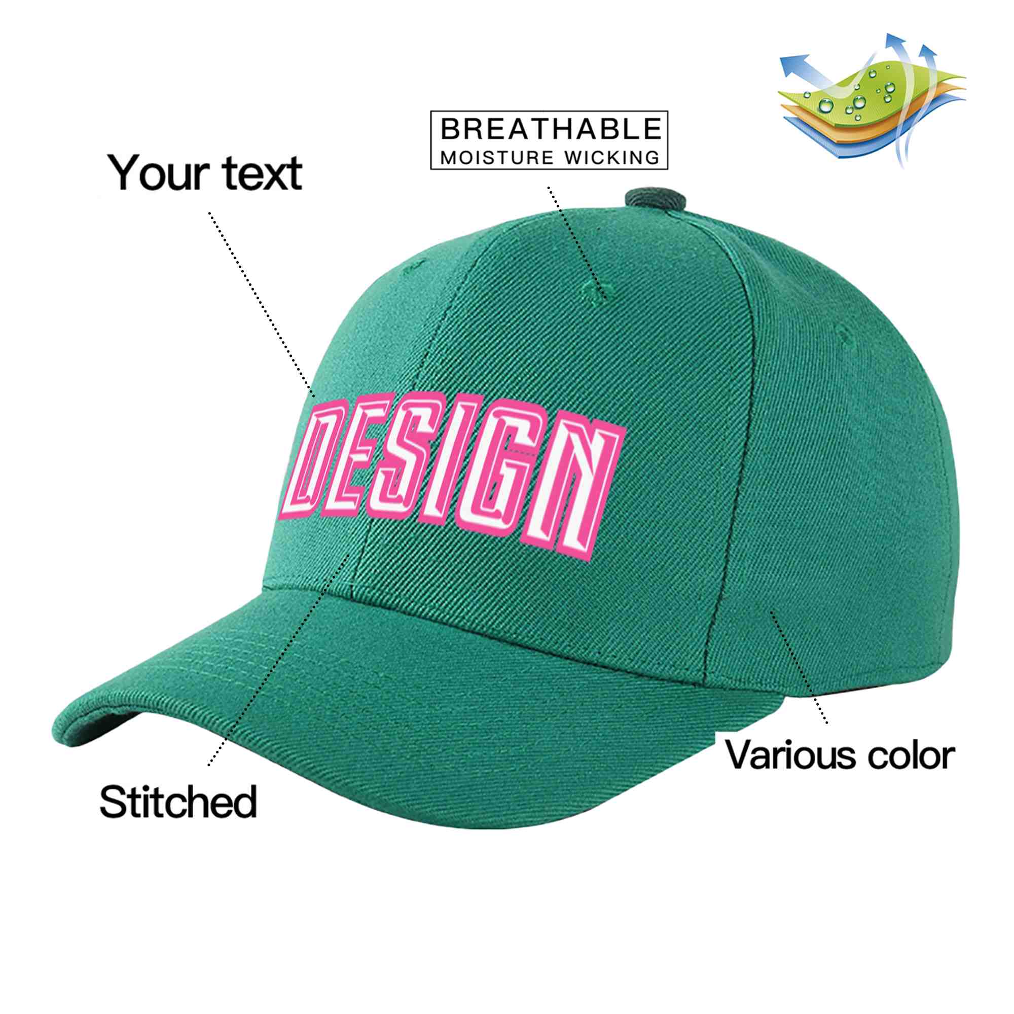 Casquette de baseball incurvée personnalisée vert clair blanc-rose avec avant-toit