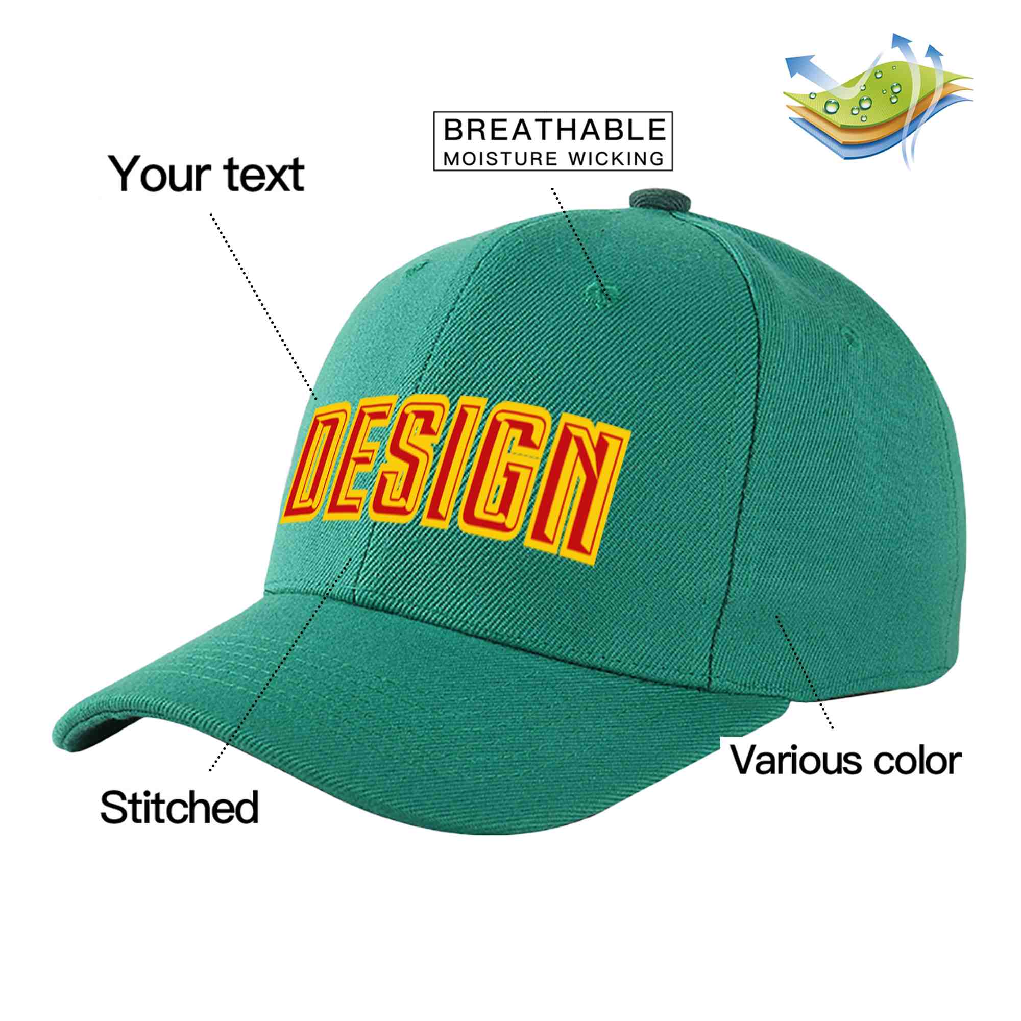 Casquette de baseball incurvée personnalisée vert clair rouge-jaune avec avant-toit