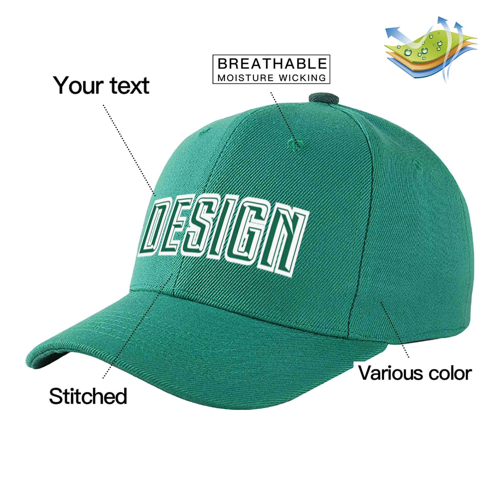 Custom Light Green Kelly Green-White Curved Eaves Sport Design Baseball Cap