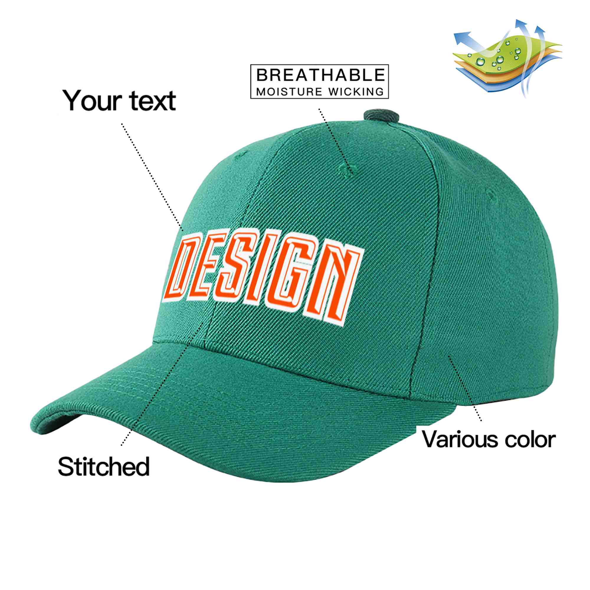 Casquette de baseball incurvée personnalisée vert clair orange-blanc avec avant-toit