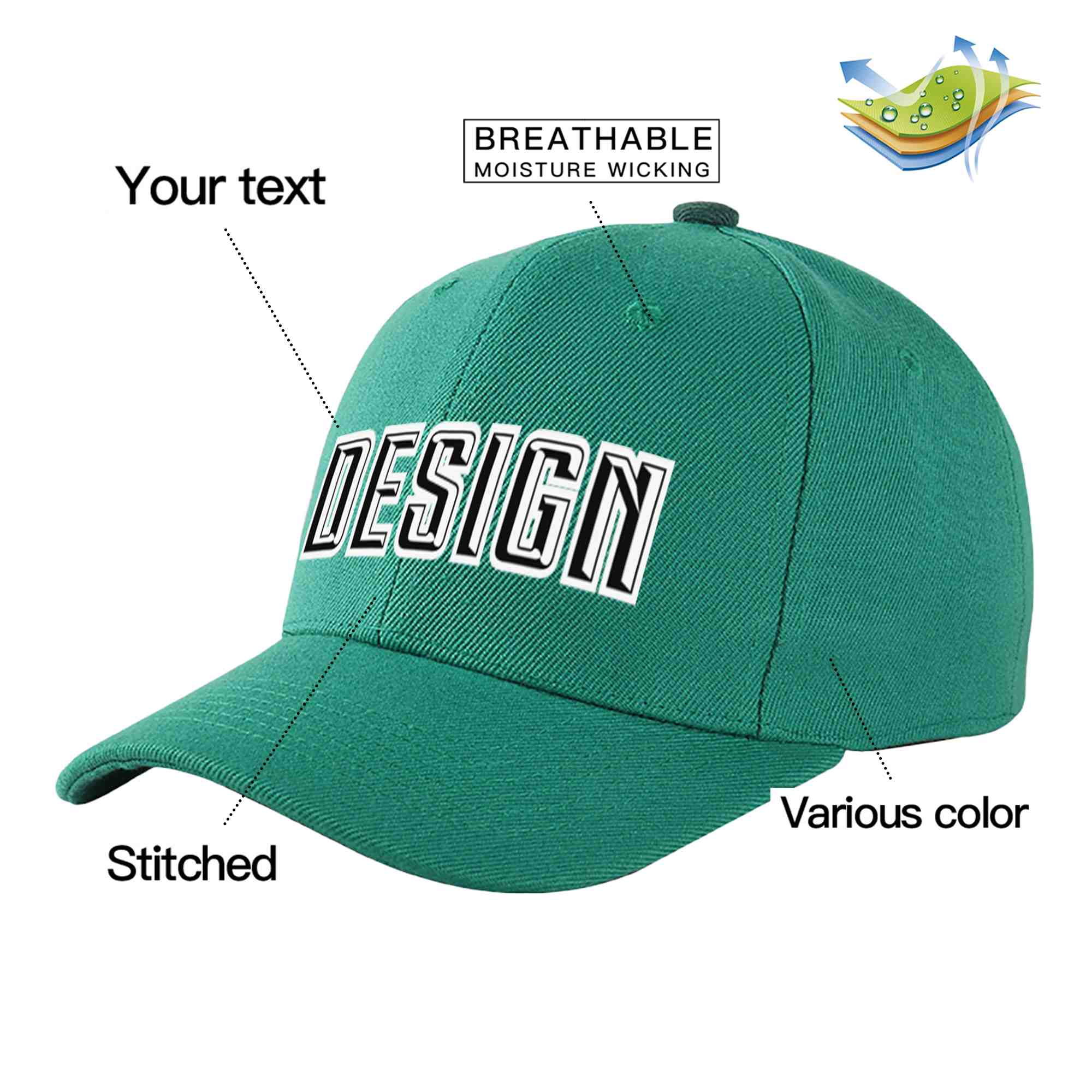 Casquette de baseball incurvée personnalisée vert clair noir-blanc avec avant-toit