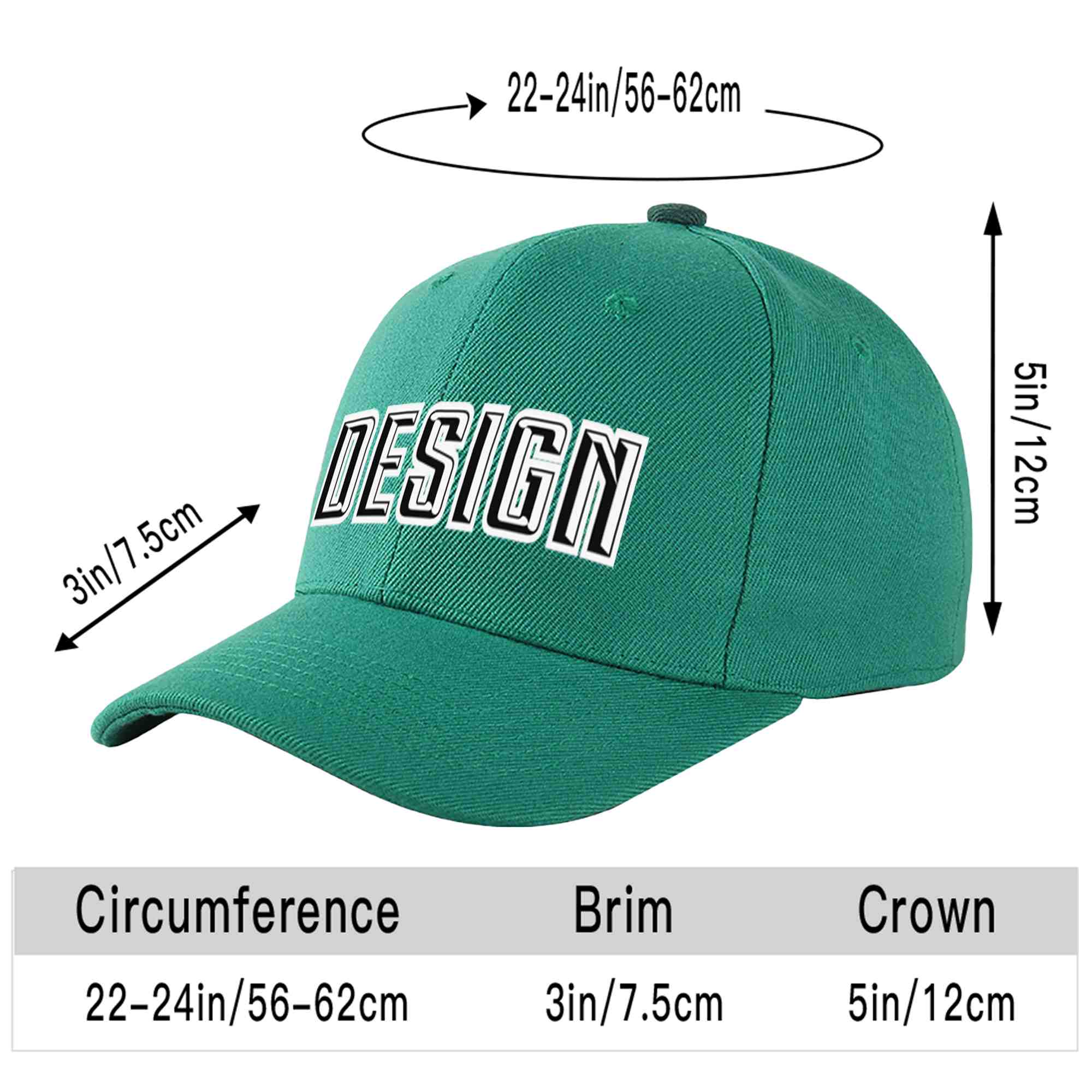 Casquette de baseball incurvée personnalisée vert clair noir-blanc avec avant-toit