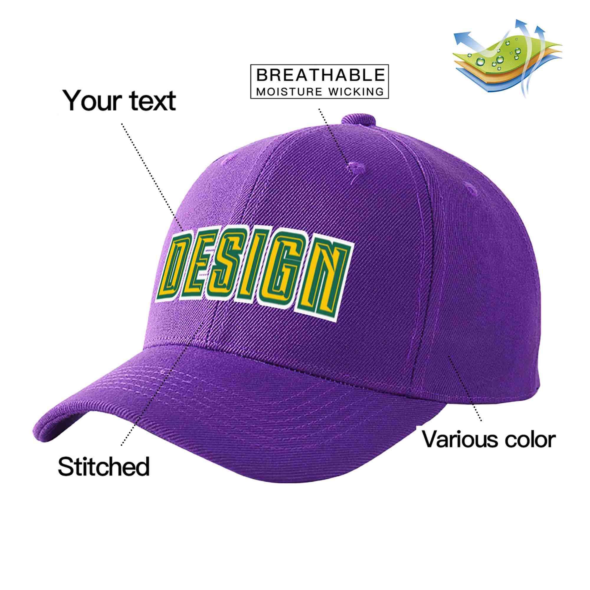 Casquette de baseball personnalisée avec avant-toit incurvé violet doré et vert Kelly