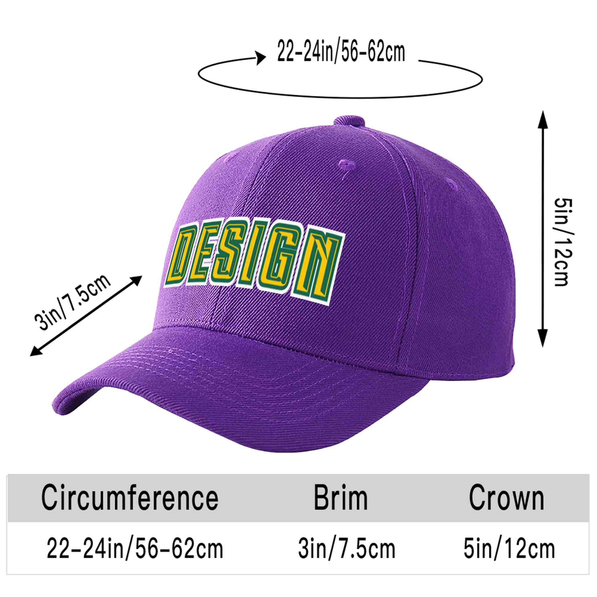 Casquette de baseball personnalisée avec avant-toit incurvé violet doré et vert Kelly