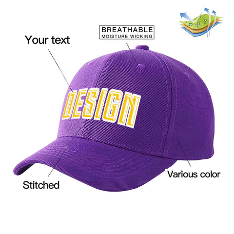 Custom Purple Gold-White Curved Eaves Sport Design Baseball Cap