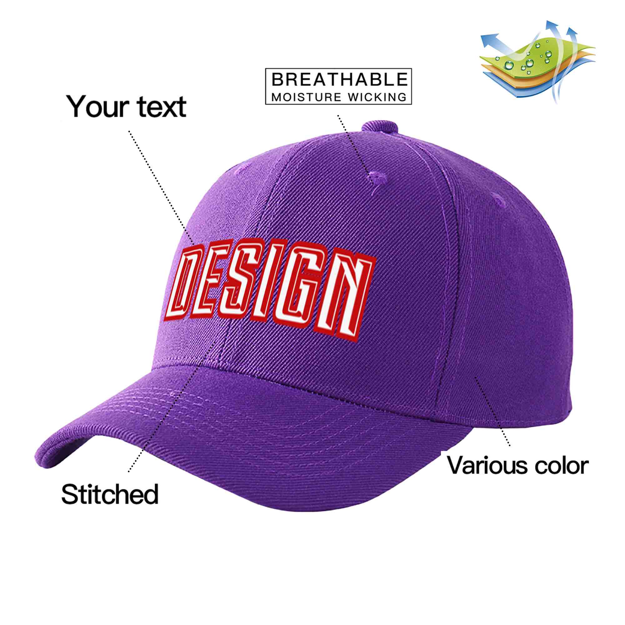 Casquette de baseball personnalisée violet blanc-rouge avec avant-toit incurvé