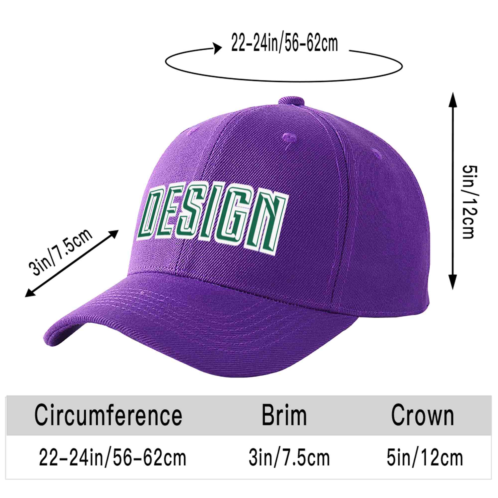 Casquette de baseball personnalisée violet Kelly vert-blanc courbé Eaves Sport Design