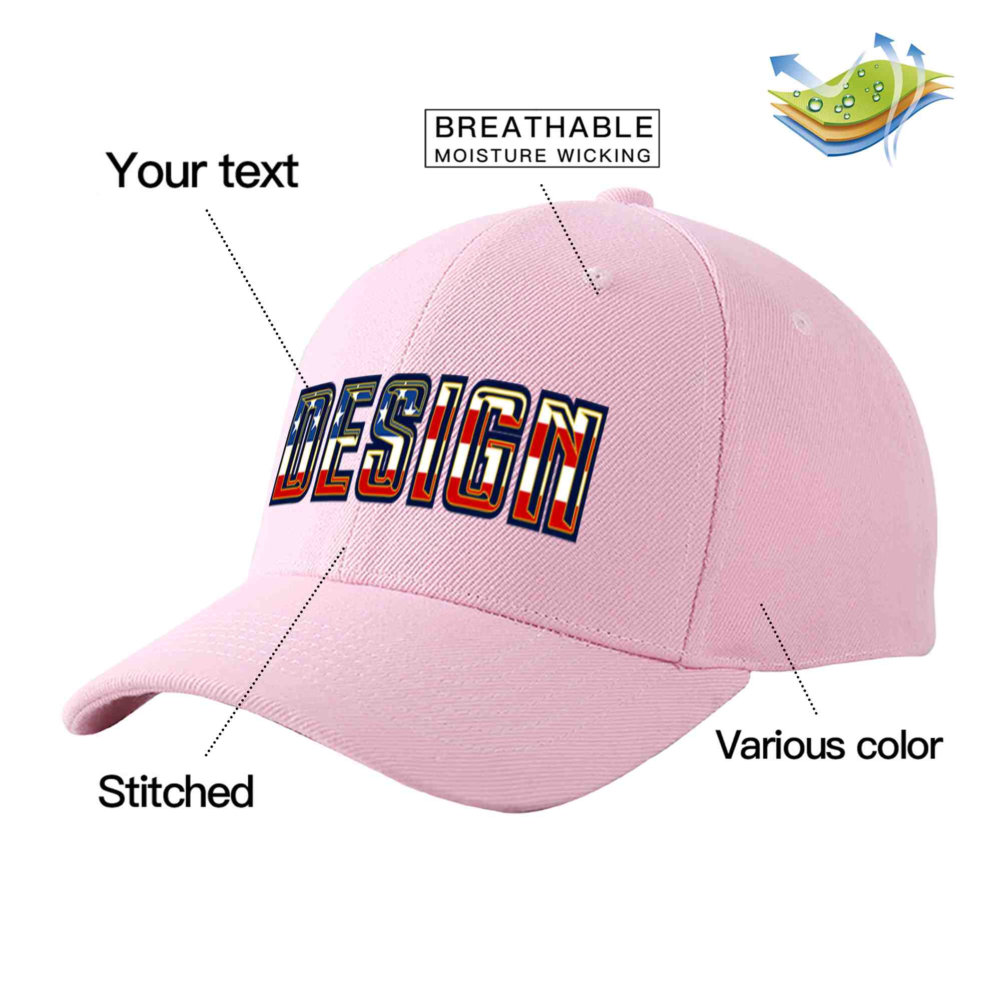 Custom Pink Vintage USA Flag-Gold Curved Eaves Sport Design Baseball Cap