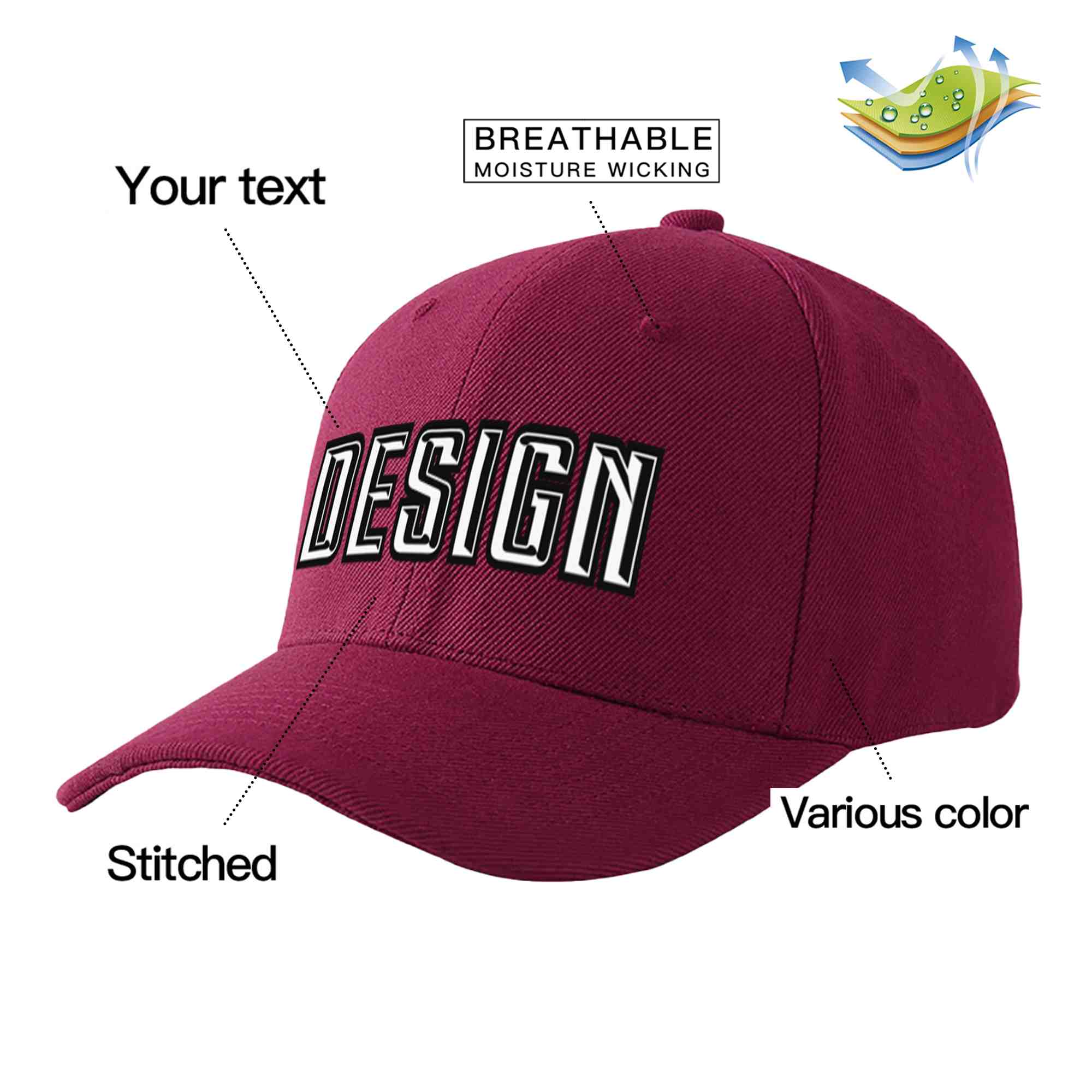 Custom Red Wine White-Black Curved Eaves Sport Design Baseball Cap