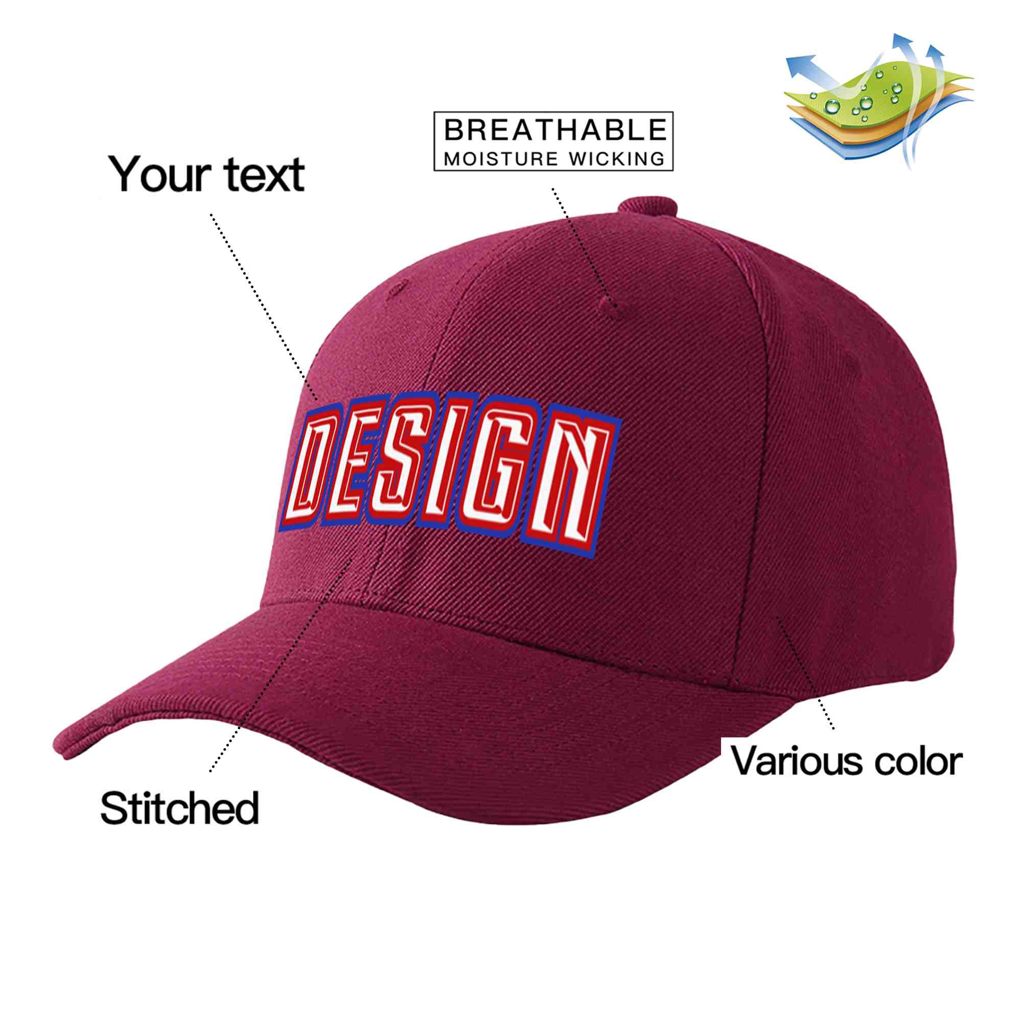 Custom Red Wine White-Red Curved Eaves Sport Design Baseball Cap