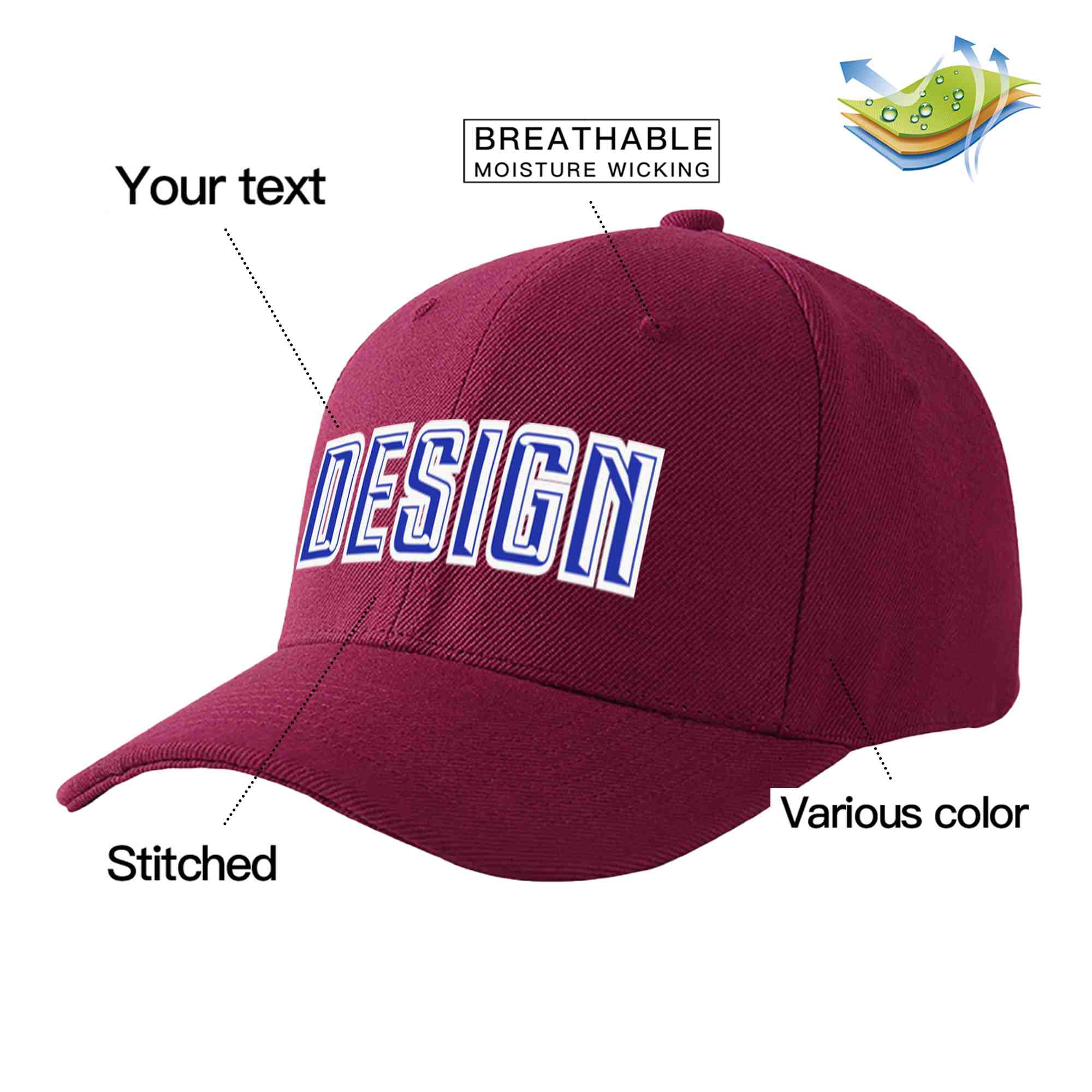 Custom Red Wine Royal-White Curved Eaves Sport Design Baseball Cap