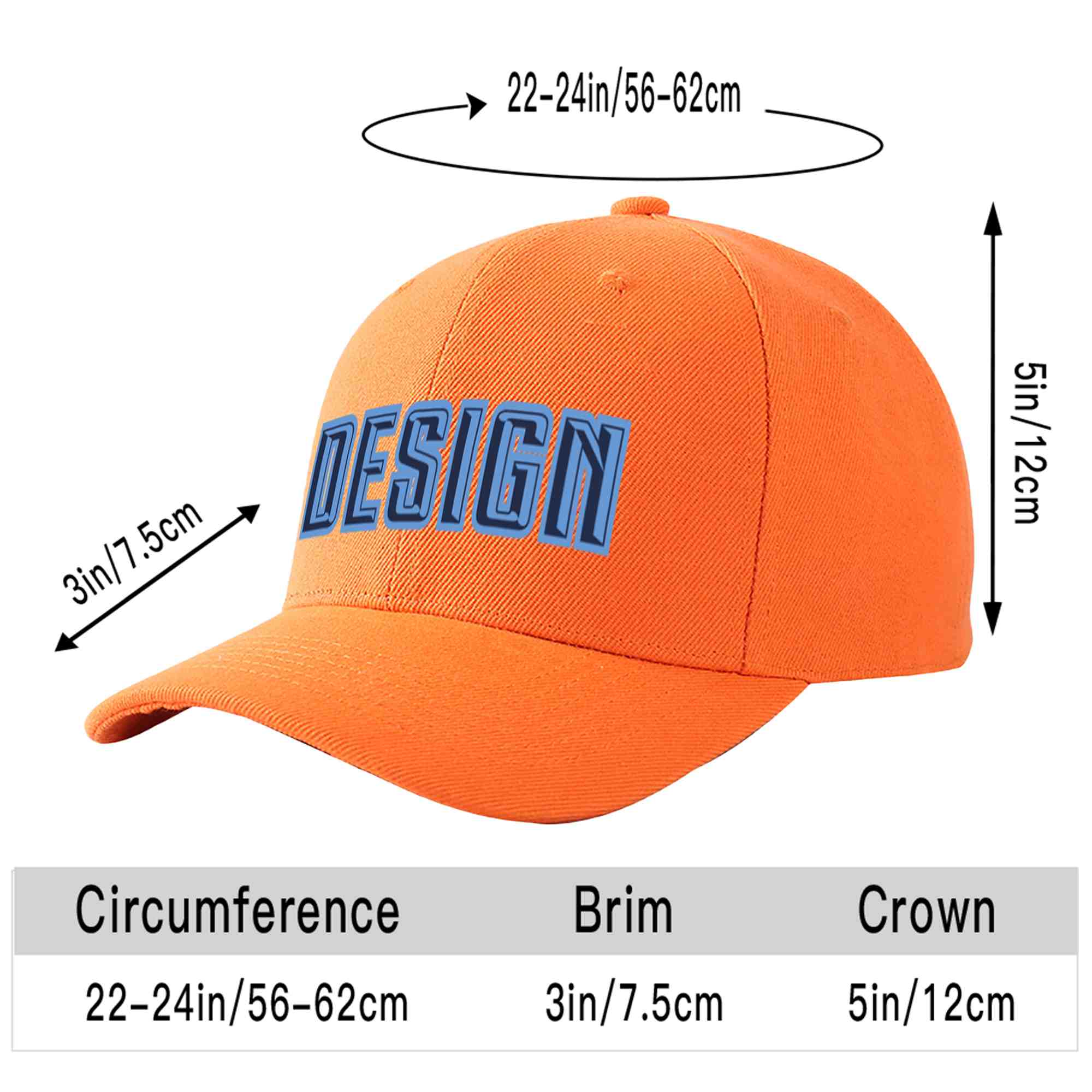 Custom Orange Navy-Light Blue Curved Eaves Sport Design Baseball Cap