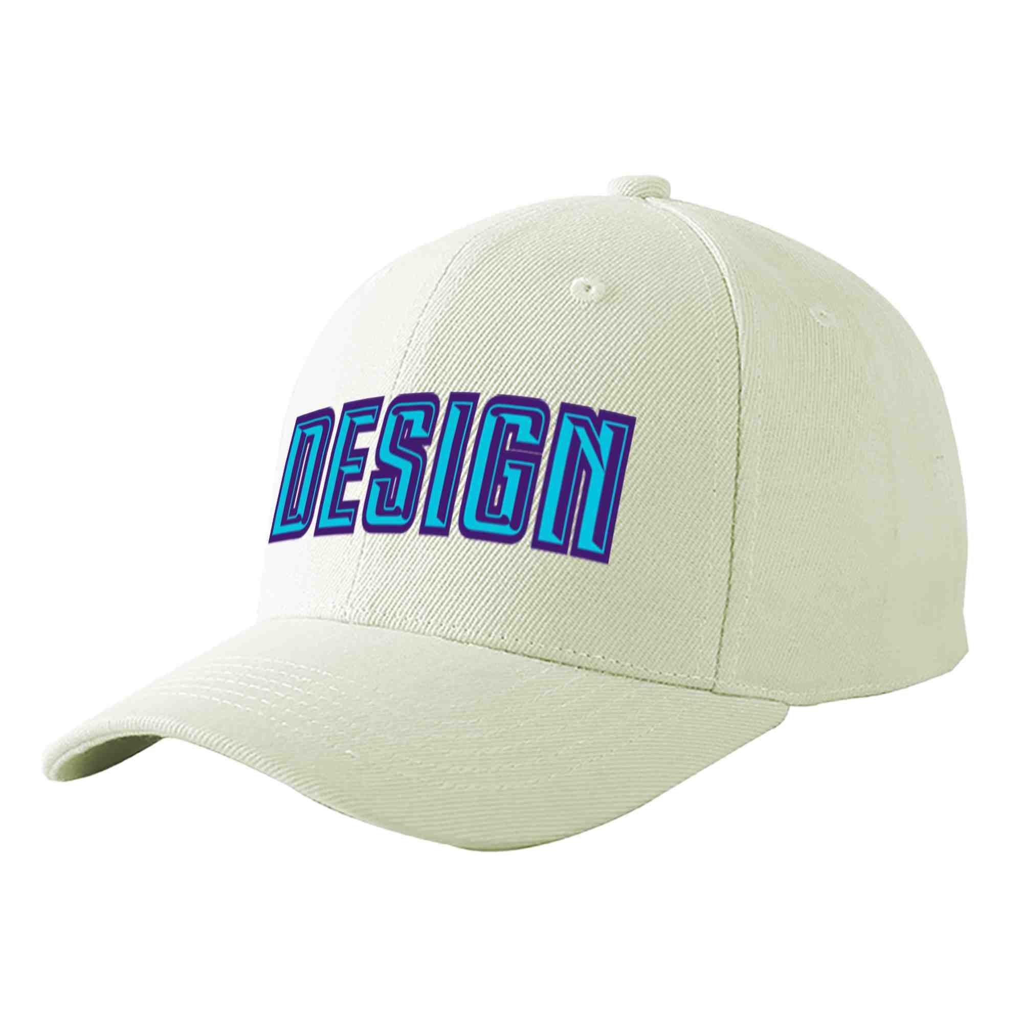 Custom Cream Light Blue-Purple Curved Eaves Sport Design Baseball Cap