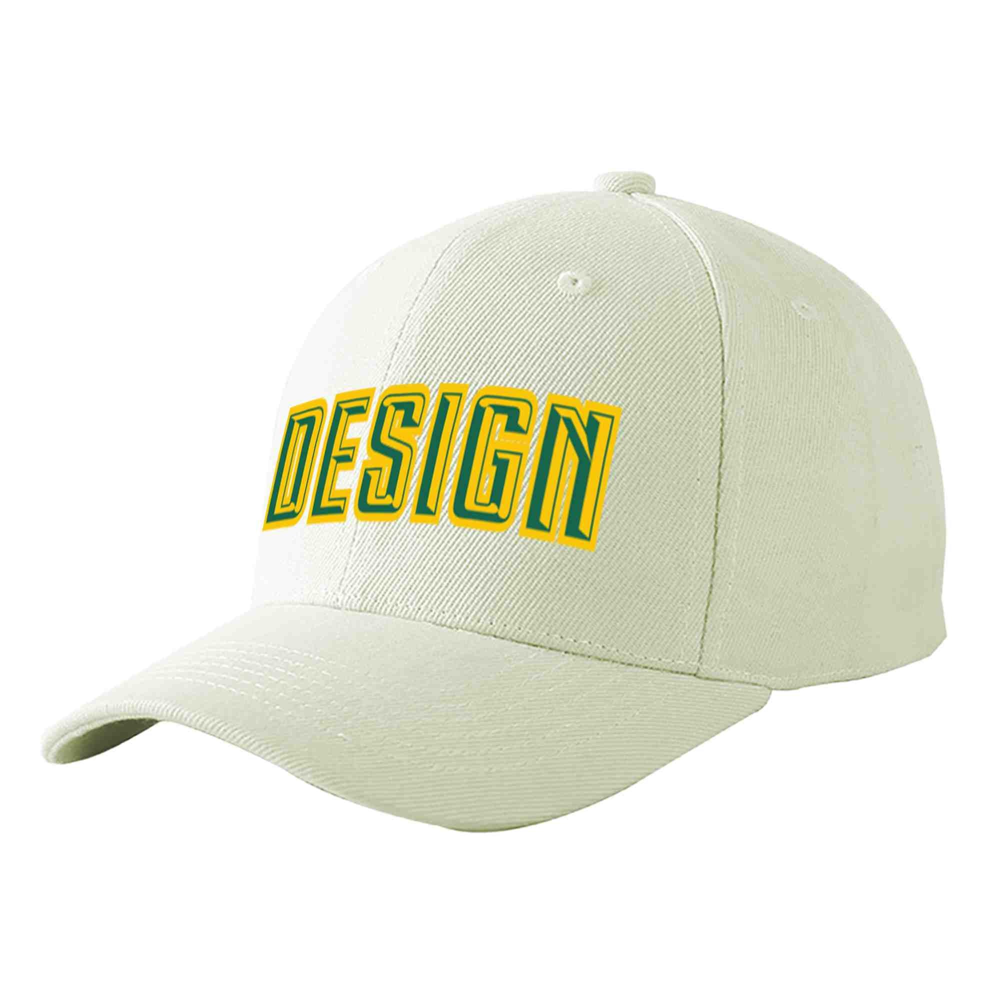 Custom Cream Kelly Green-Gold Curved Eaves Sport Design Baseball Cap