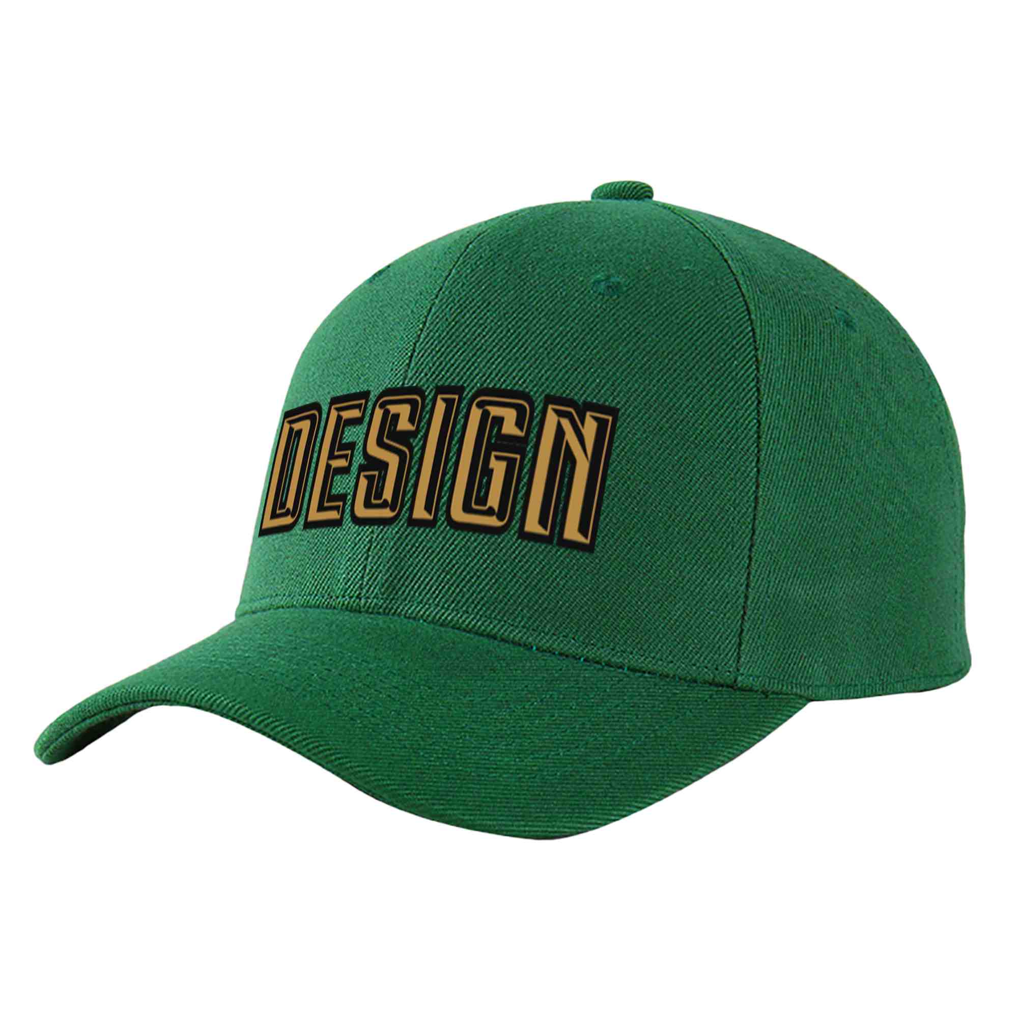 Casquette de baseball personnalisée verte, vieux or et noir, design sportif, avec avant-toit incurvé