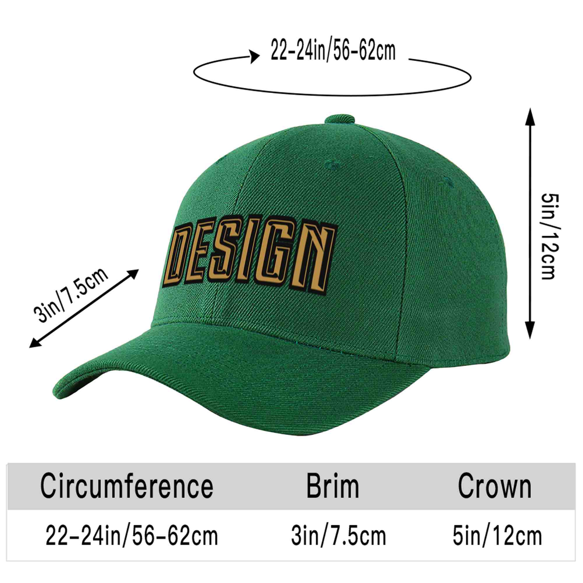 Custom Green Old Gold-Black Curved Eaves Sport Design Baseball Cap