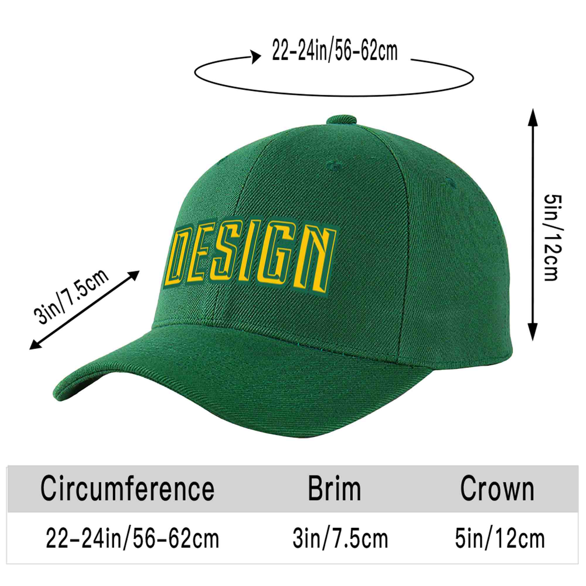 Custom Green Gold-Kelly Green Curved Eaves Sport Design Baseball Cap