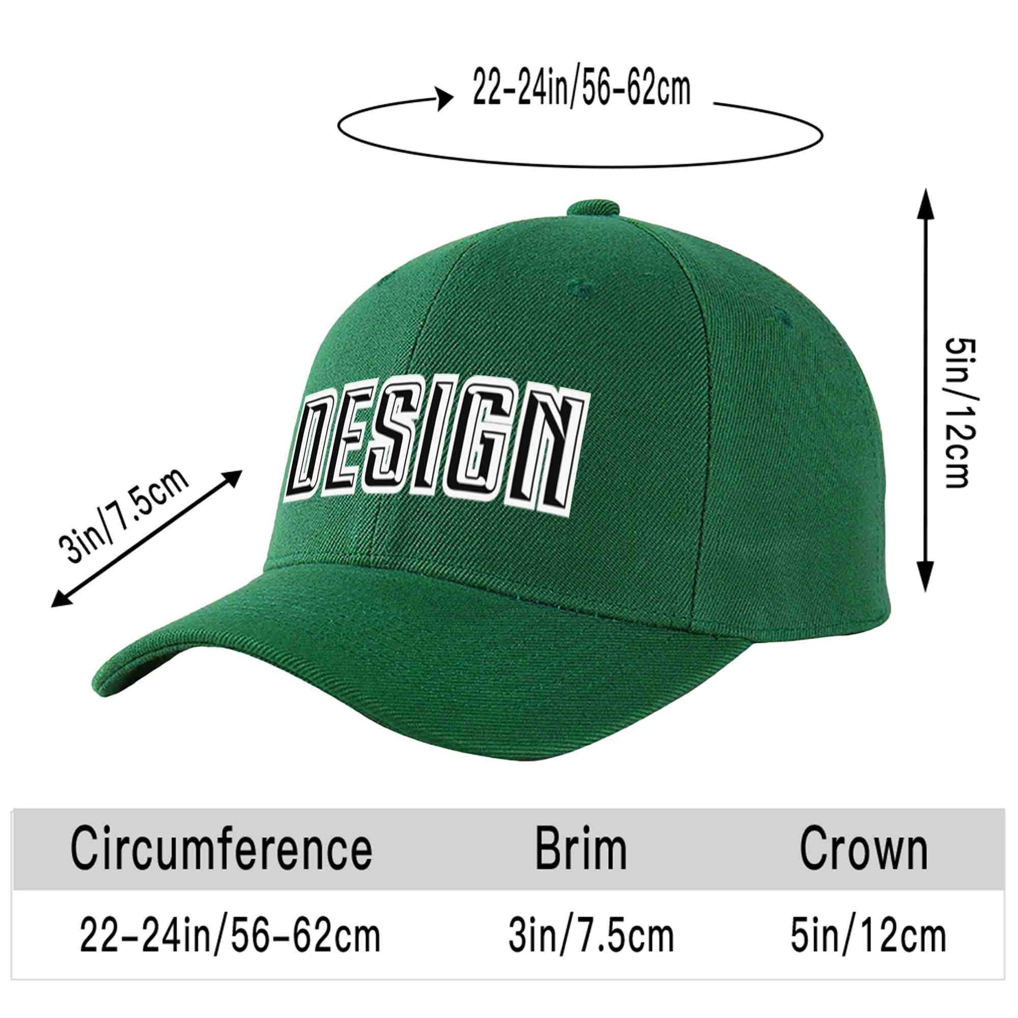 Custom Green Black-White Curved Eaves Sport Design Baseball Cap