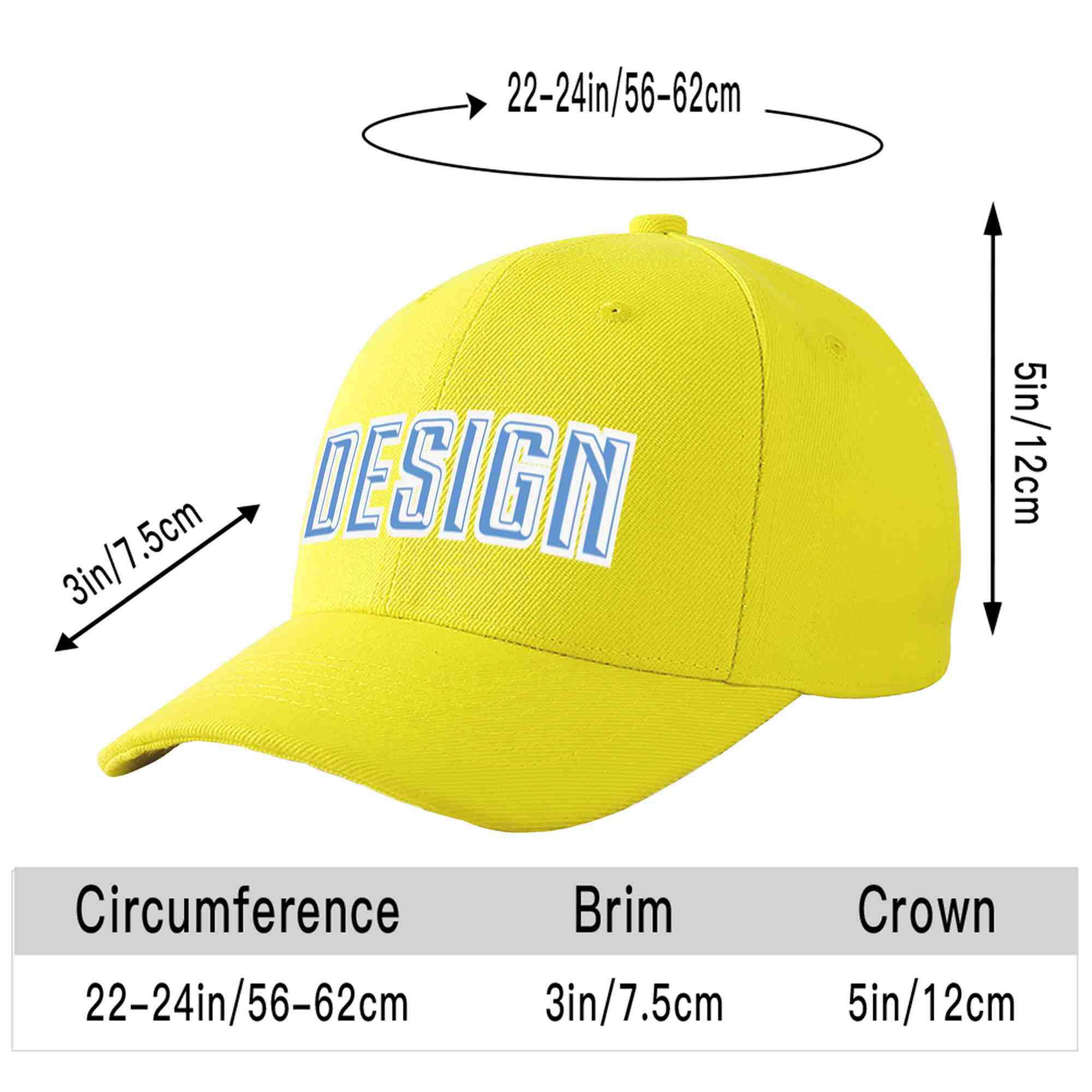 Casquette de baseball incurvée personnalisée jaune bleu clair-blanc avec avant-toit