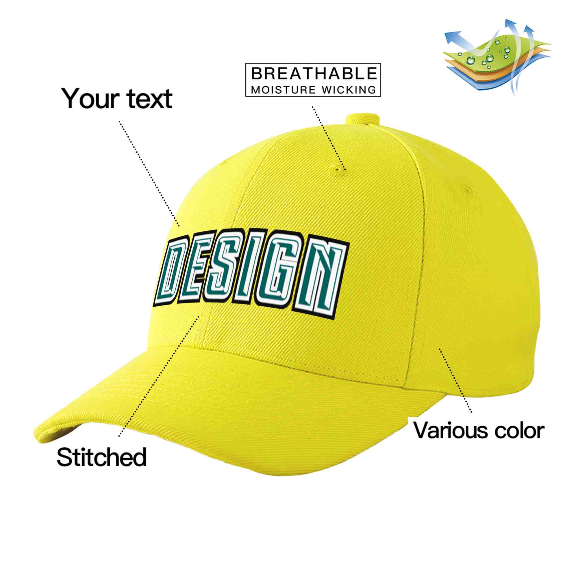 Casquette de baseball personnalisée jaune aqua-blanc courbée Eaves Sport Design