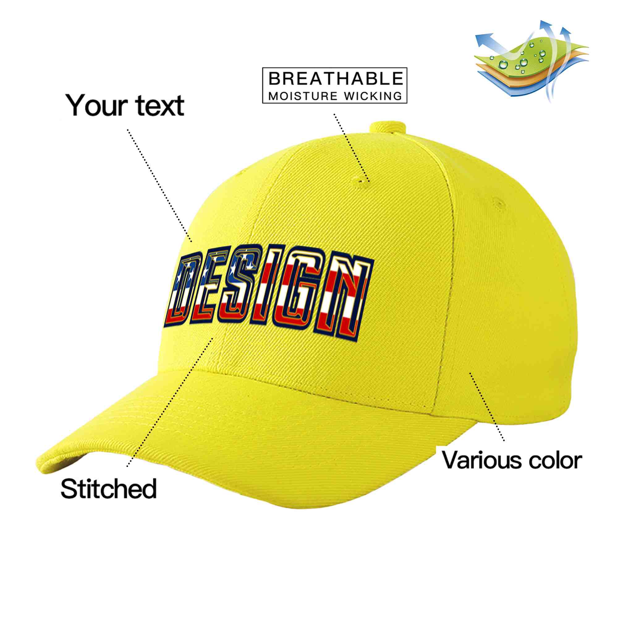 Casquette de baseball personnalisée avec drapeau américain vintage jaune et or avec avant-toit incurvé et design sportif