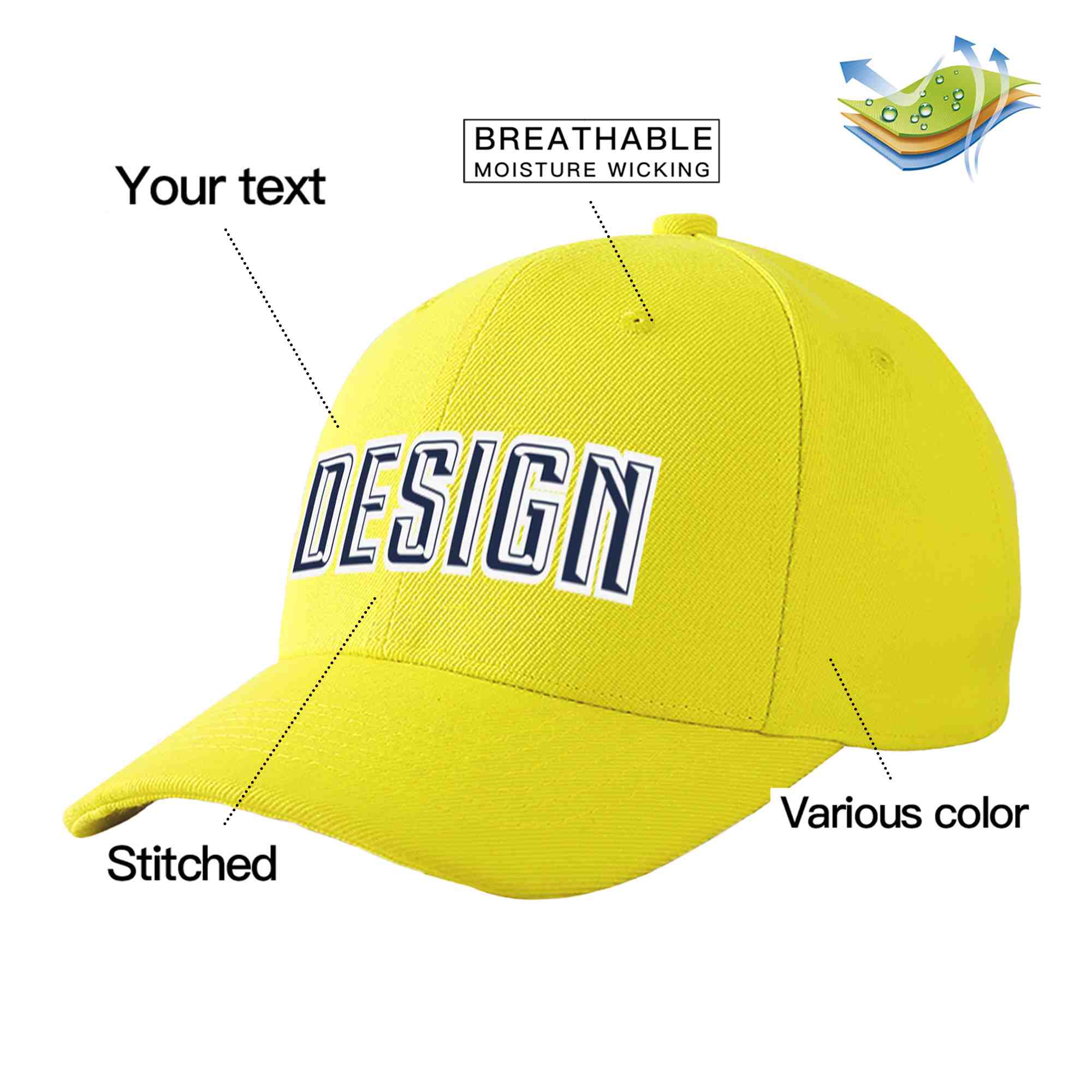 Custom Yellow Navy-White Curved Eaves Sport Design Baseball Cap