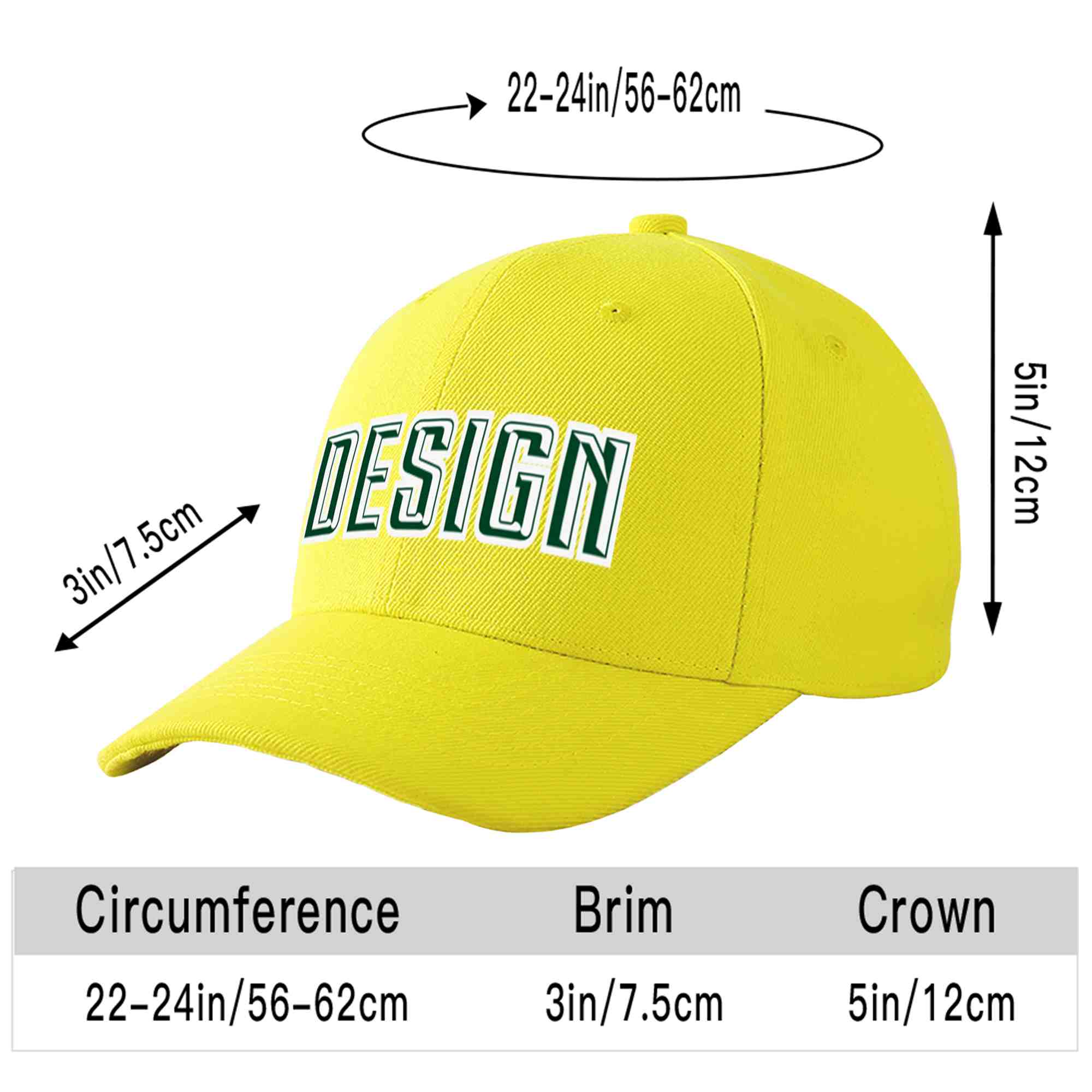 Casquette de baseball incurvée personnalisée jaune vert-blanc avec avant-toit