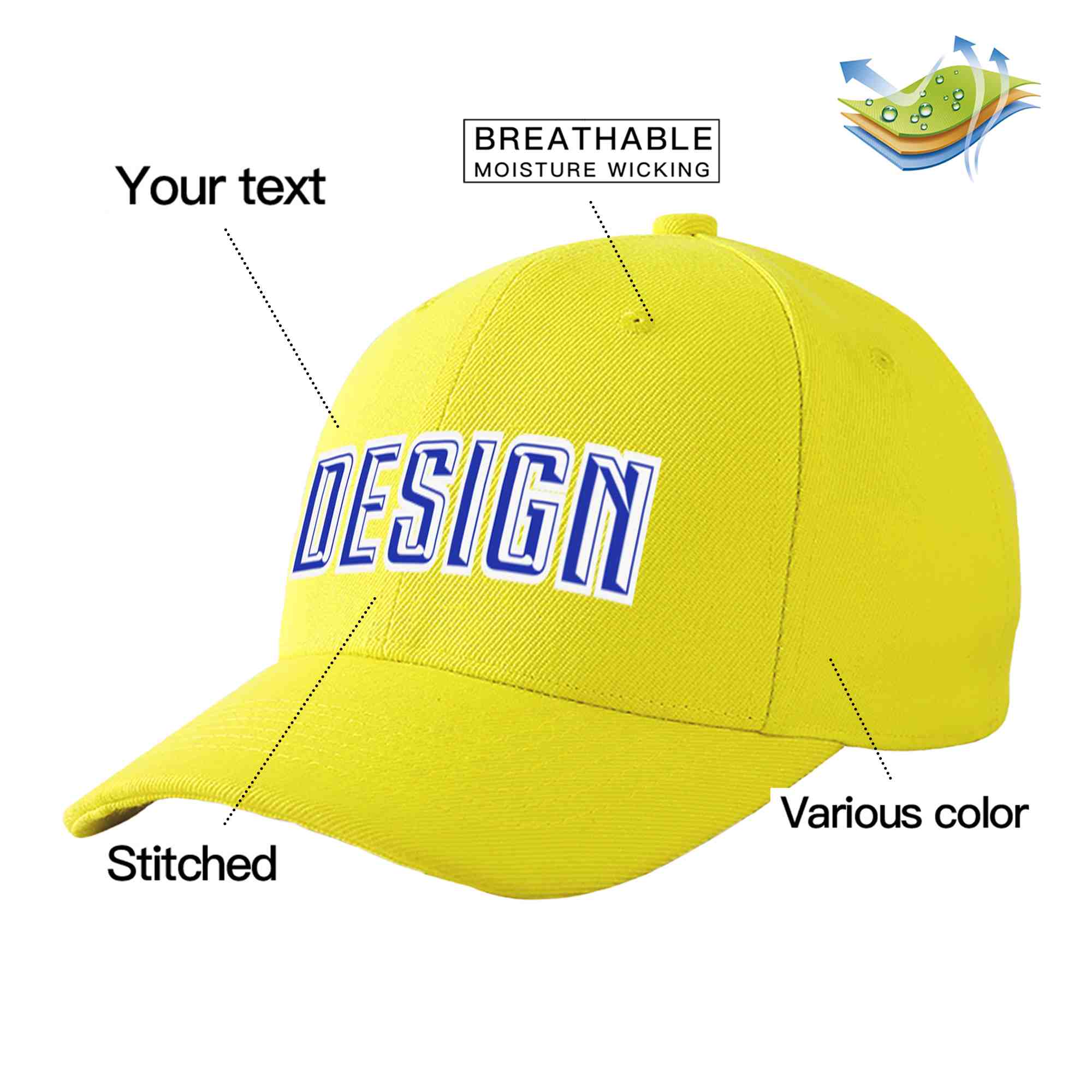 Casquette de baseball personnalisée jaune blanc-royal incurvée Eaves Sport Design