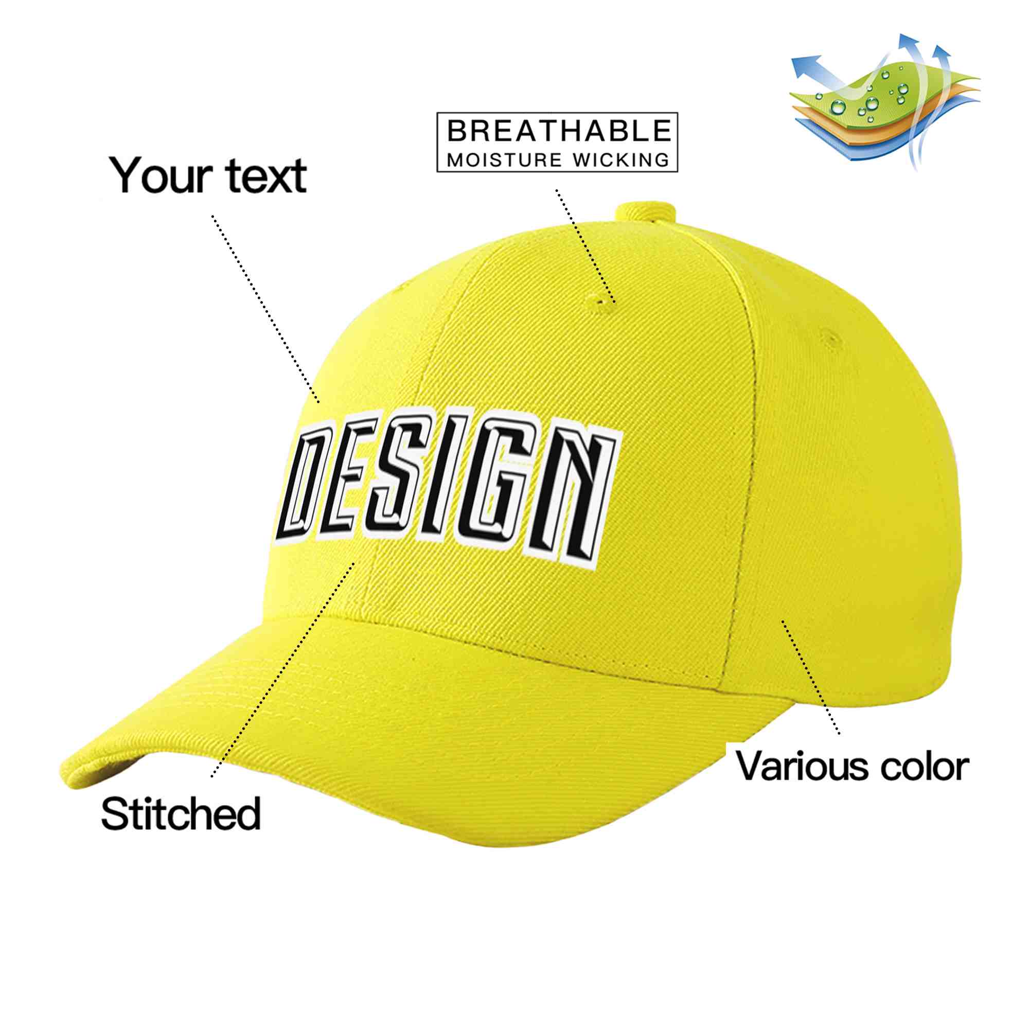 Casquette de baseball incurvée personnalisée jaune noir-blanc avec avant-toit