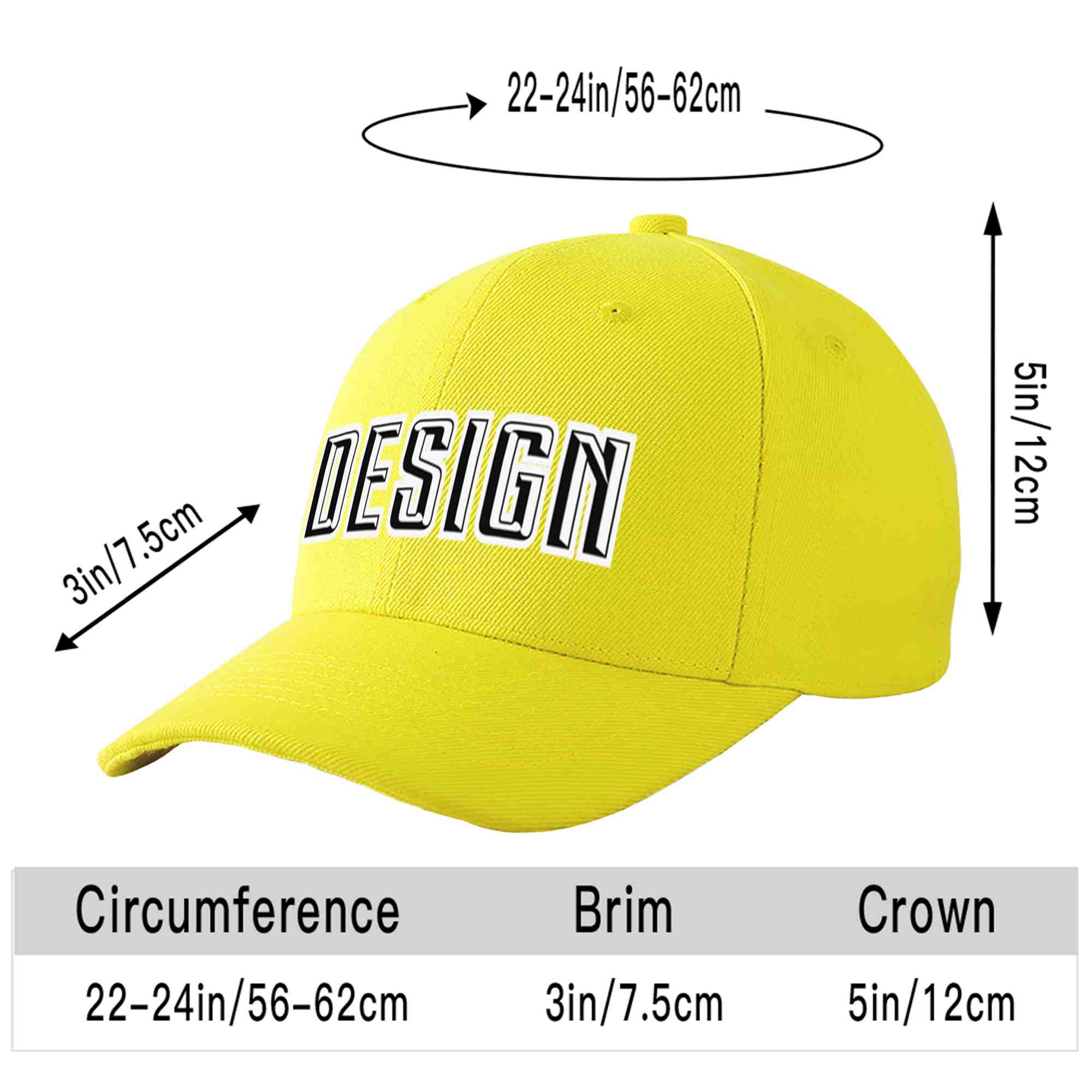 Casquette de baseball incurvée personnalisée jaune noir-blanc avec avant-toit