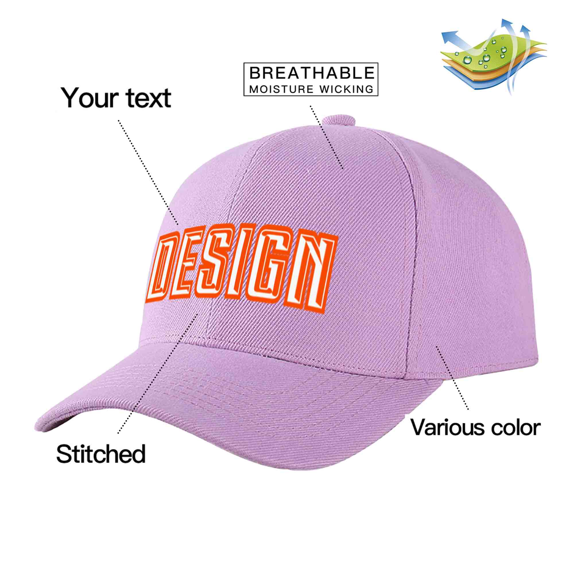 Casquette de baseball incurvée personnalisée violet clair blanc-orange avec avant-toit