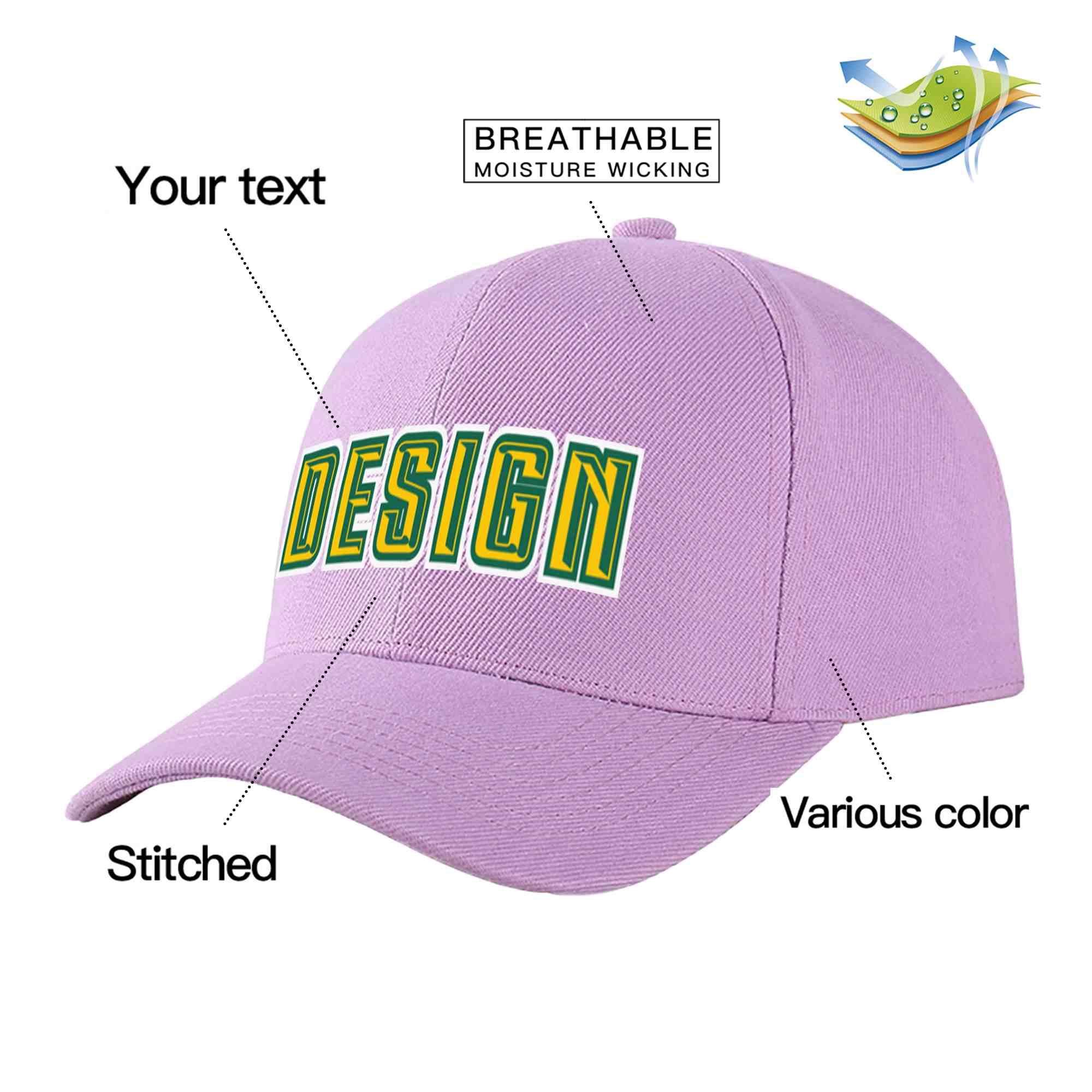 Custom Light Purple Gold-Kelly Green Curved Eaves Sport Design Baseball Cap