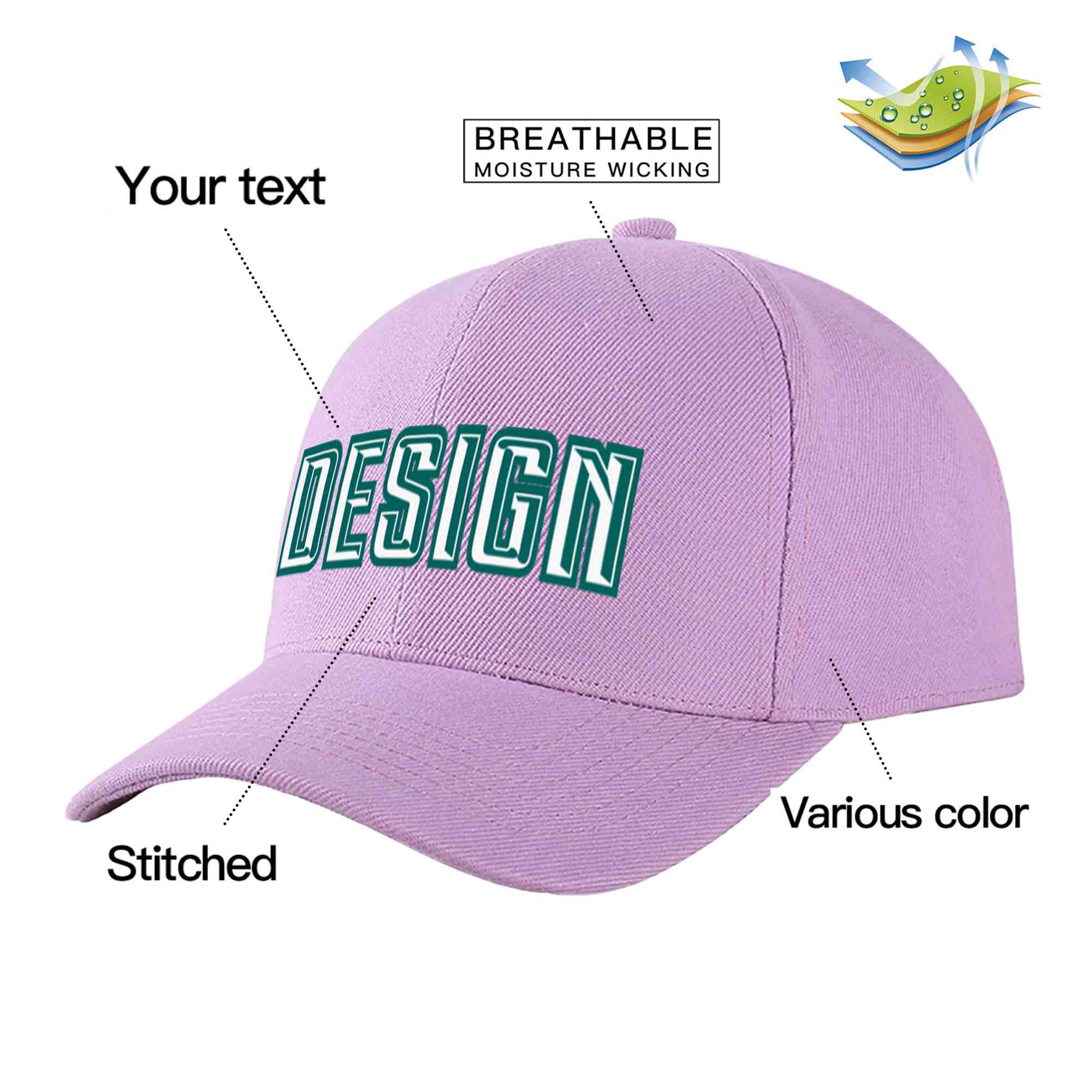 Casquette de baseball personnalisée violet clair blanc-aqua courbée Eaves Sport Design