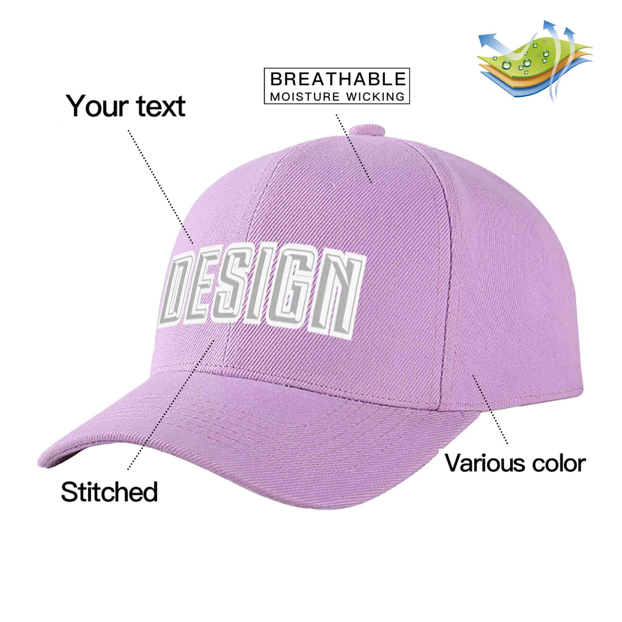 Casquette de baseball personnalisée, violet clair, gris-blanc, courbée, design sportif