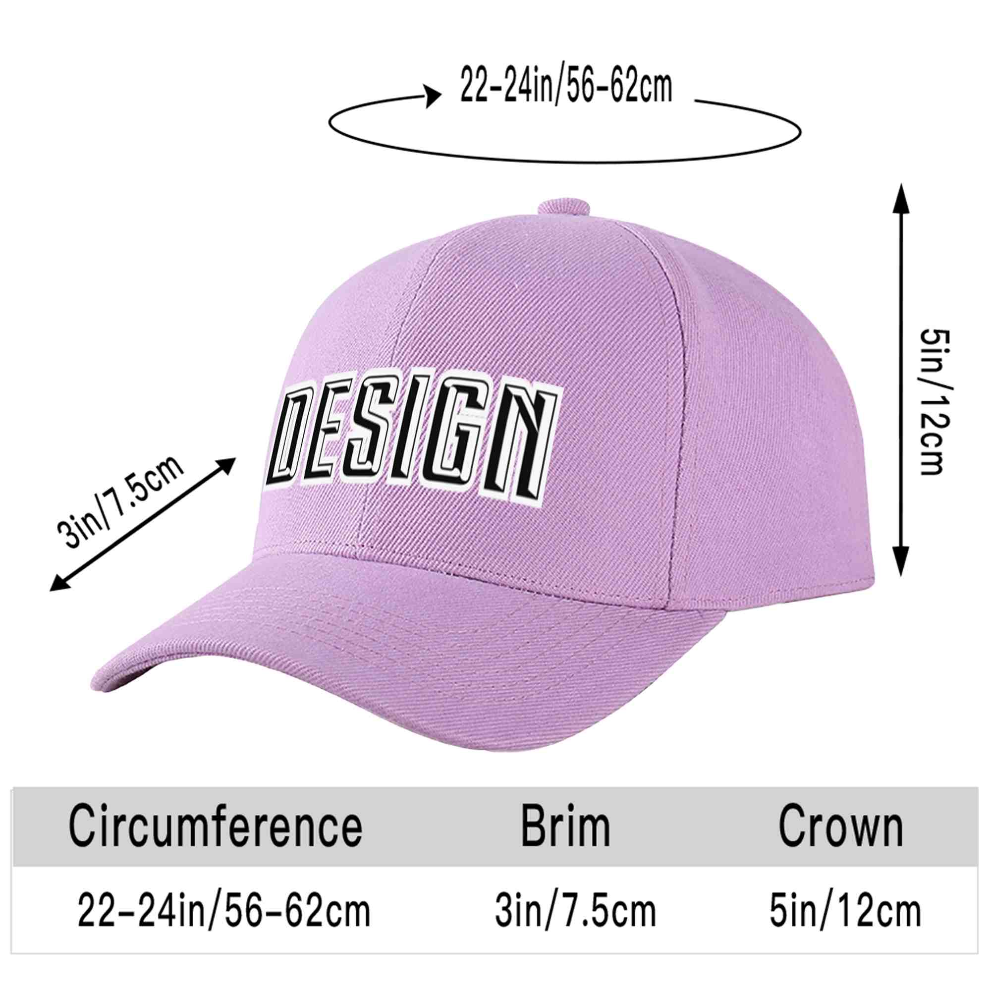 Casquette de baseball personnalisée, violet clair, noir et blanc, design sportif, avec avant-toit incurvé