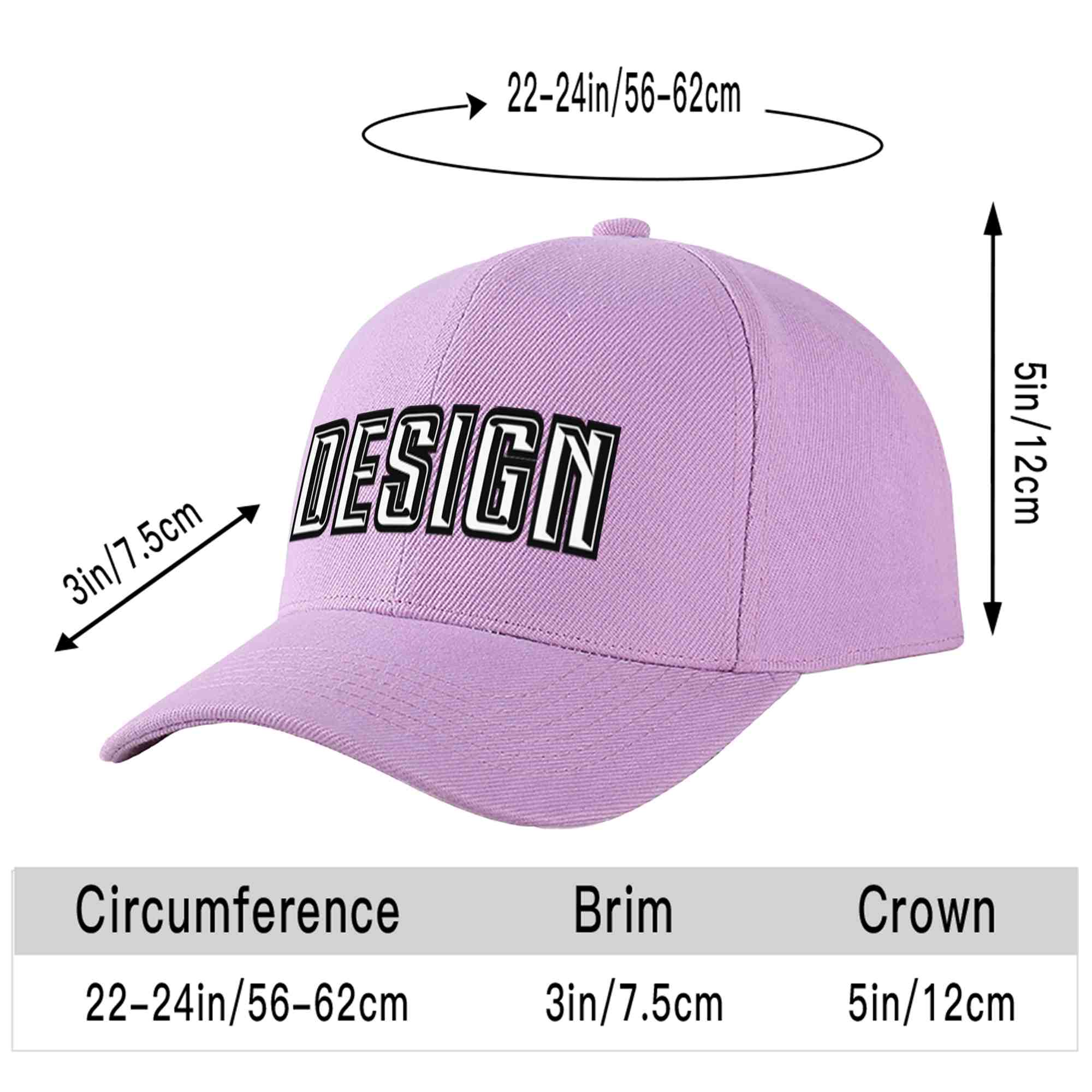 Casquette de baseball personnalisée, violet clair, blanc-noir, design sportif, avec avant-toit incurvé