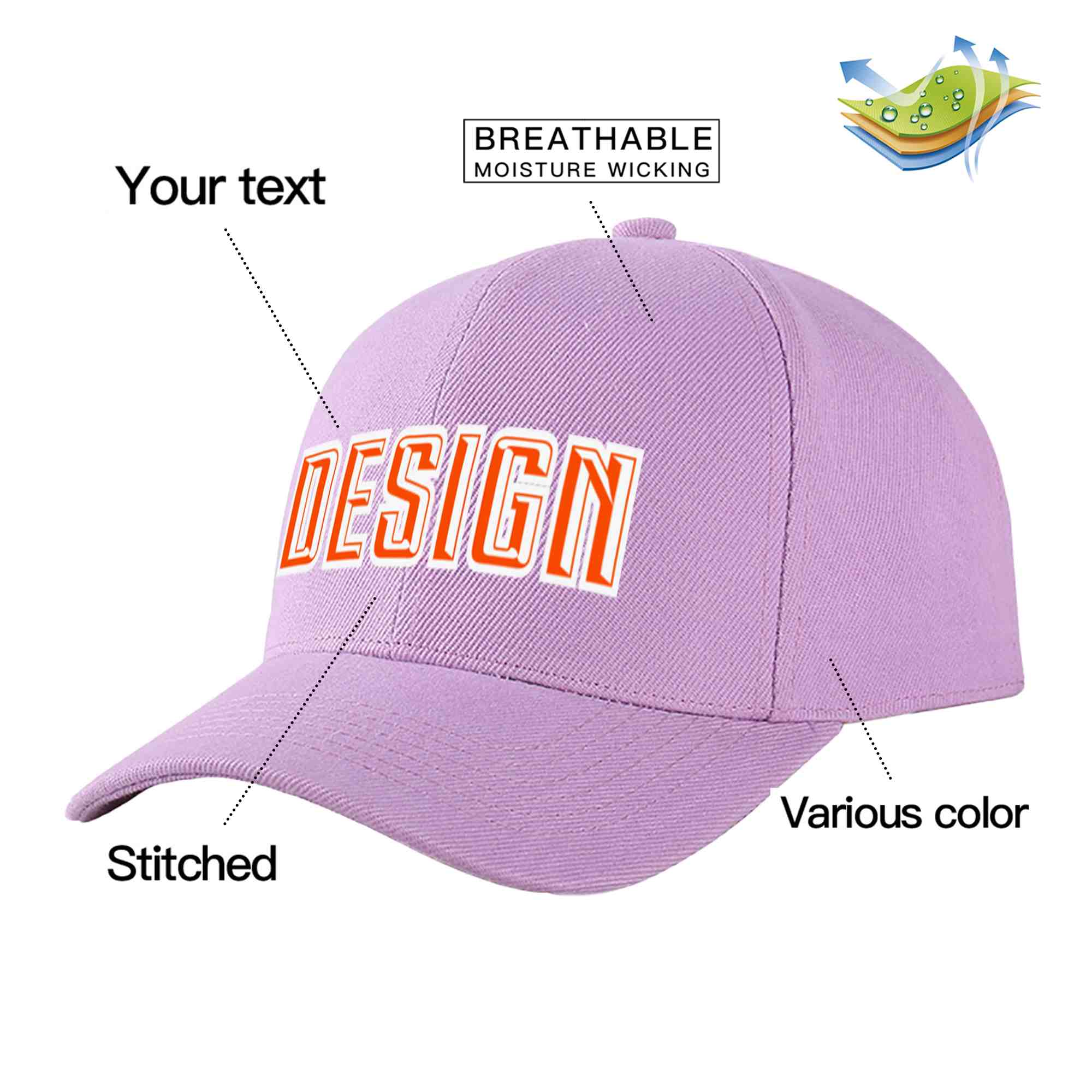 Casquette de baseball incurvée personnalisée violet clair orange-blanc avec avant-toit