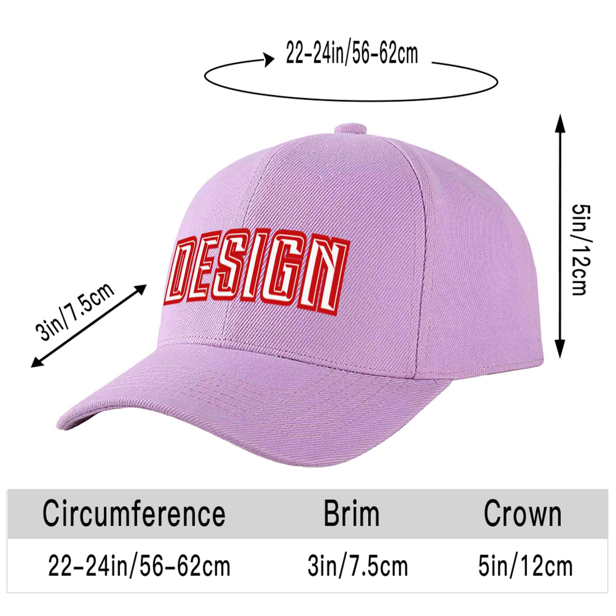 Casquette de baseball personnalisée, violet clair, blanc-rouge, design sportif, avec avant-toit incurvé